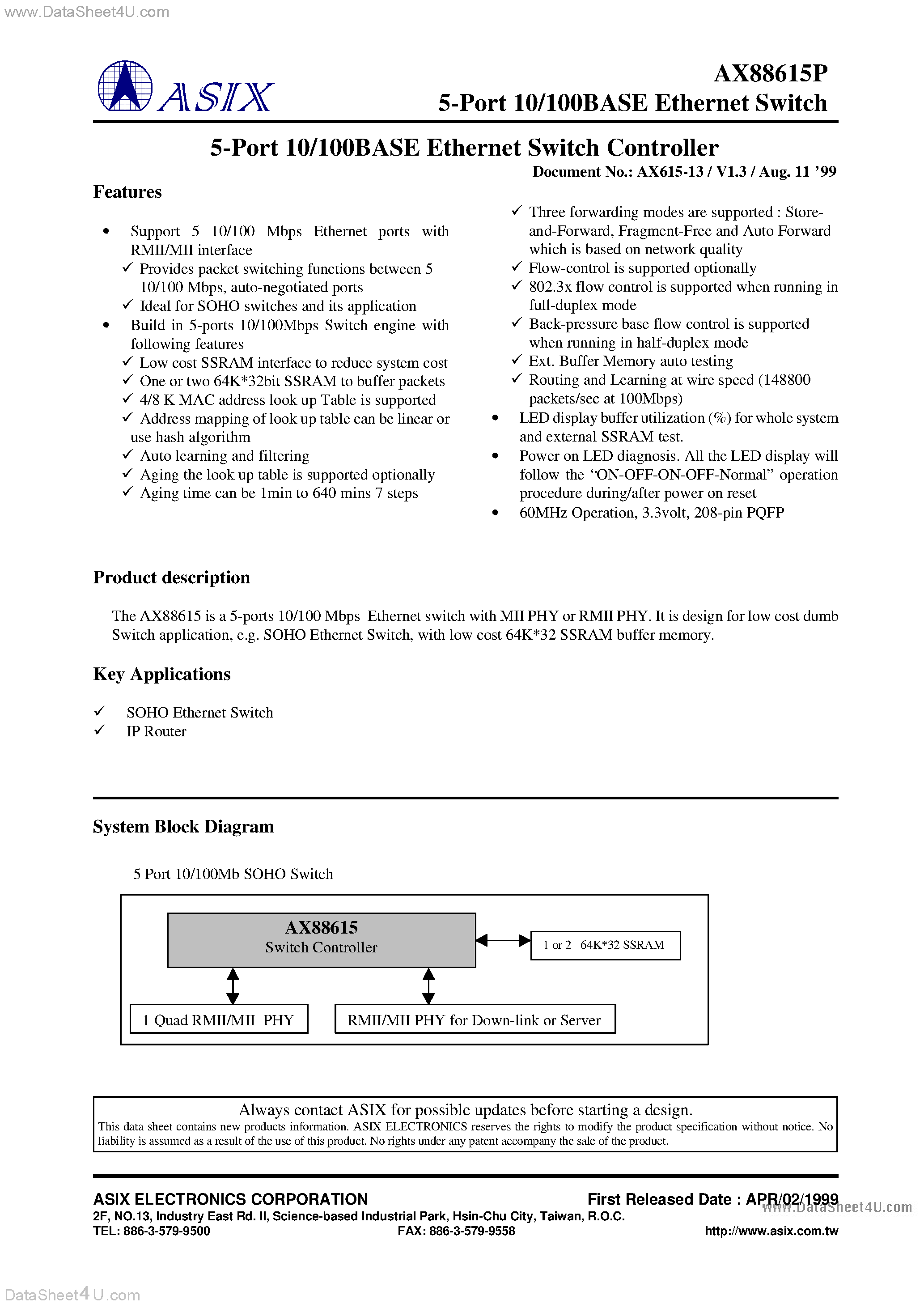 Datasheet AX88615P - 5-Port 10/100BASE Ethernet Switch page 1