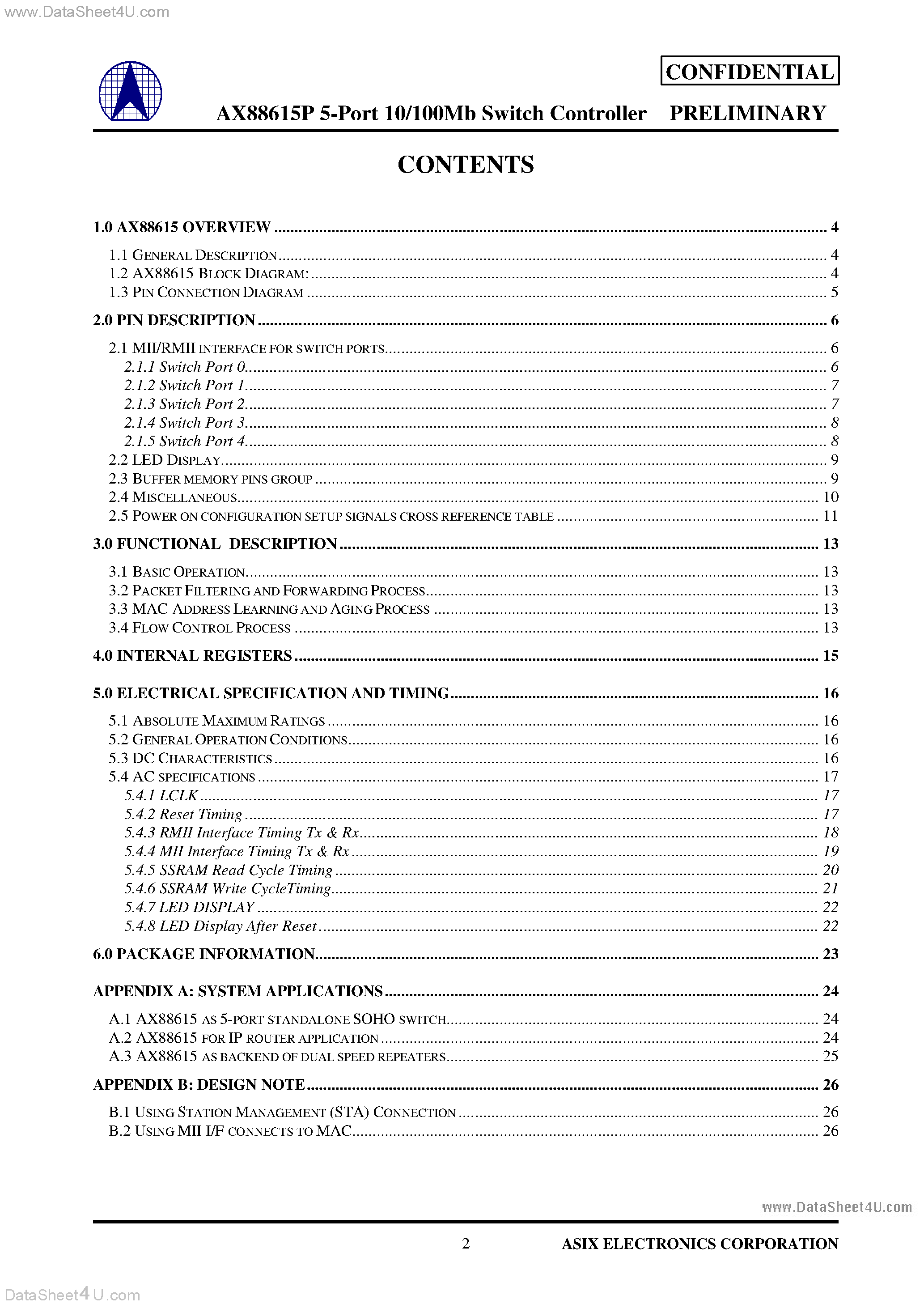 Datasheet AX88615P - 5-Port 10/100BASE Ethernet Switch page 2