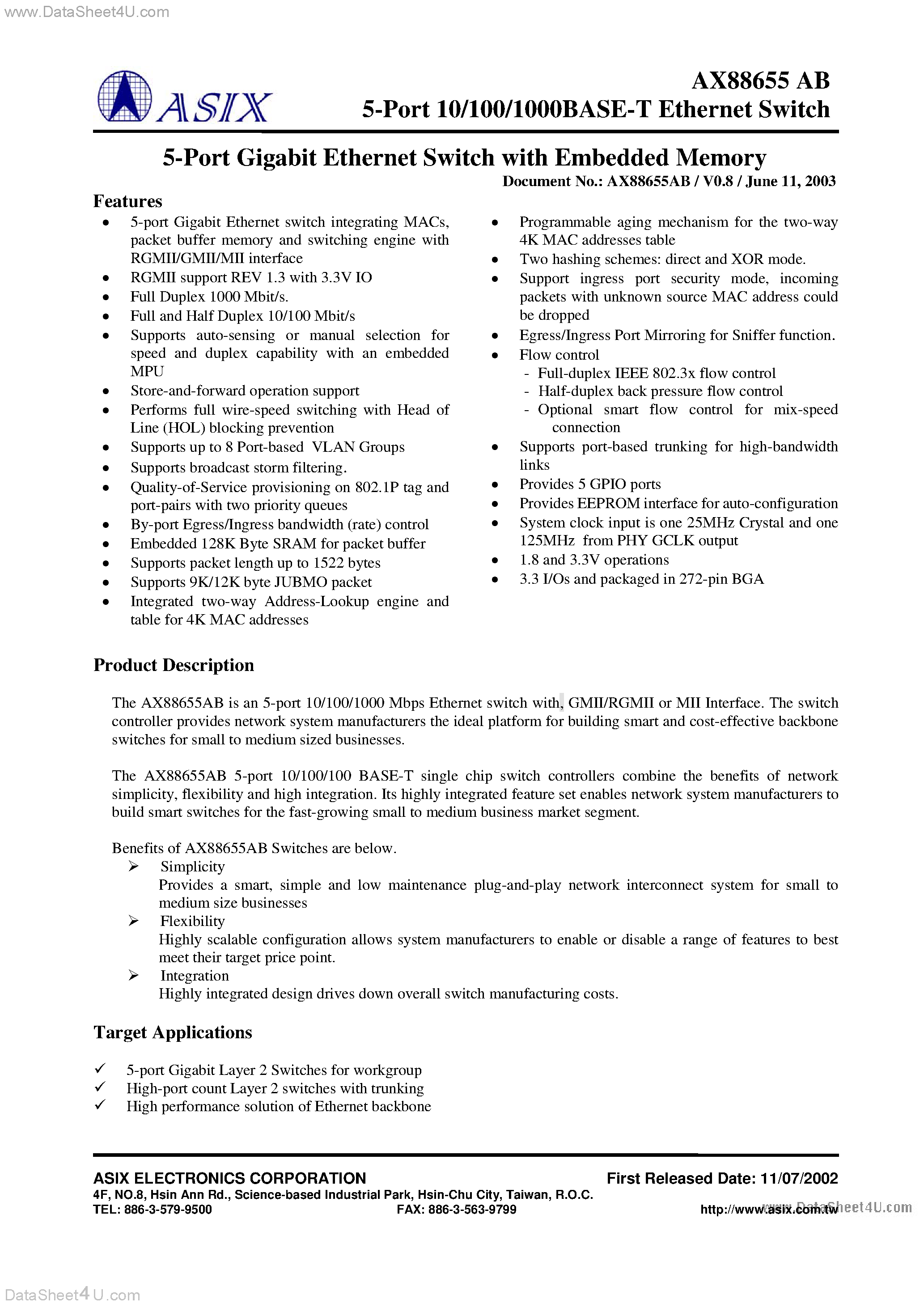 Datasheet AX88655AB - 5-Port 10/100/1000BASE-T Ethernet Switch page 1
