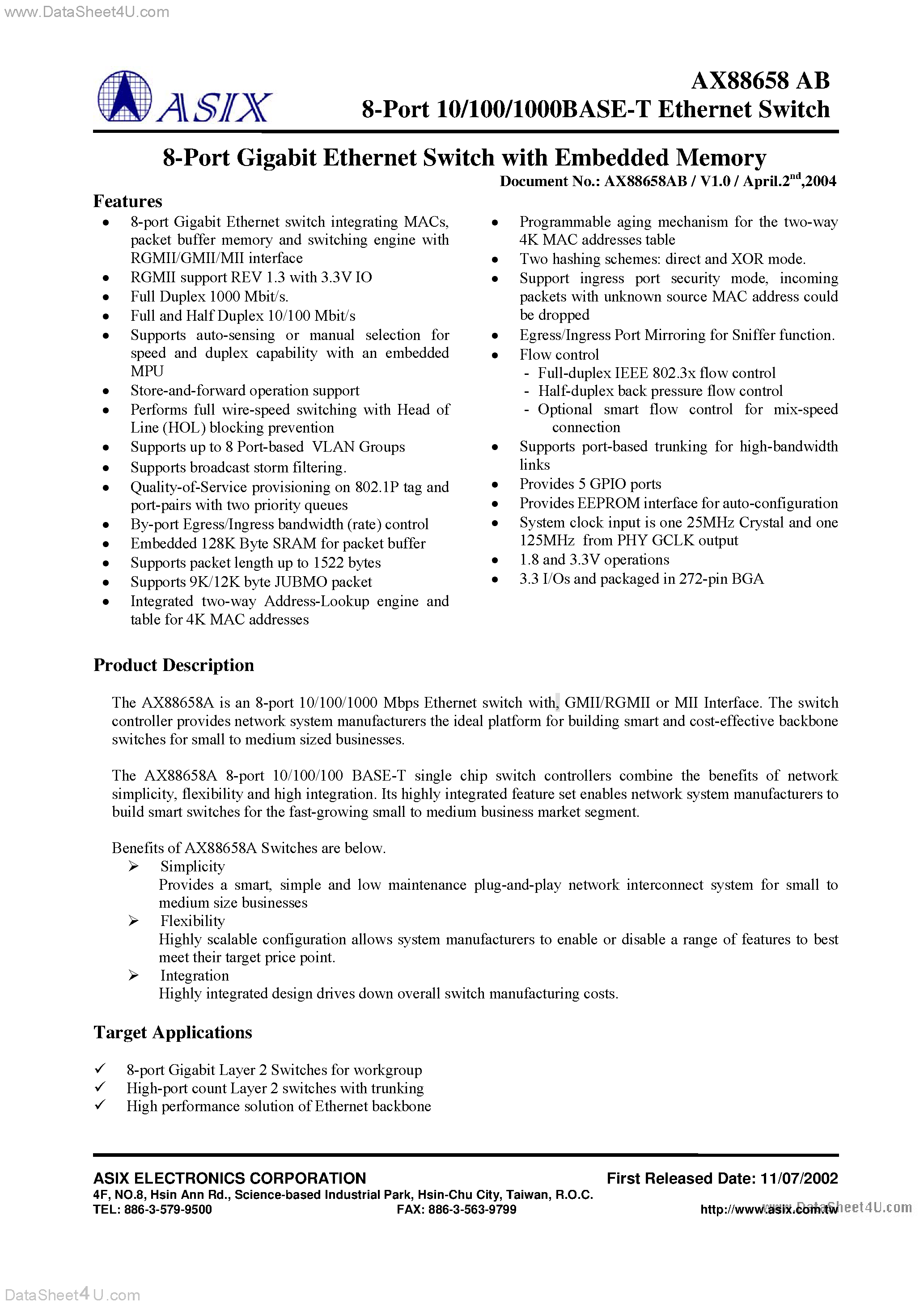 Datasheet AX88658AB - 8-Port 10/100/1000BASE-T Ethernet Switch page 1