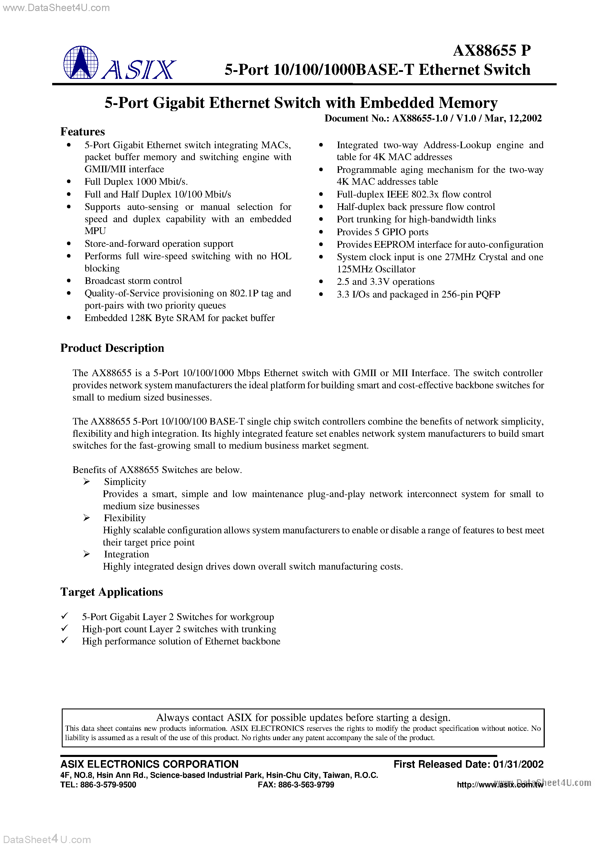 Datasheet AX88655P - 5-Port 10/100/1000BASE-T Ethernet Switch page 1