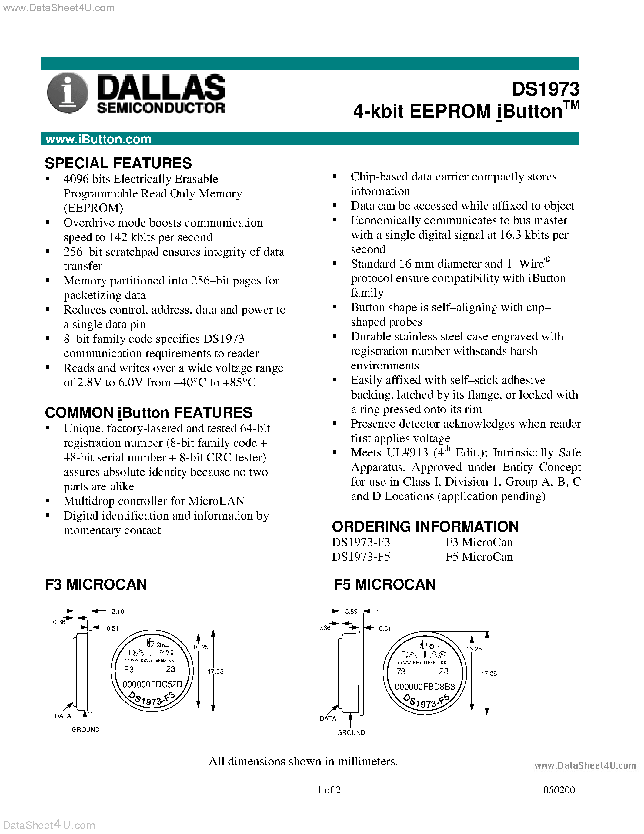 Datasheet DS1973 page 1 Datasheet DS1973 - 4-kbit EEPROM iButton page 1
