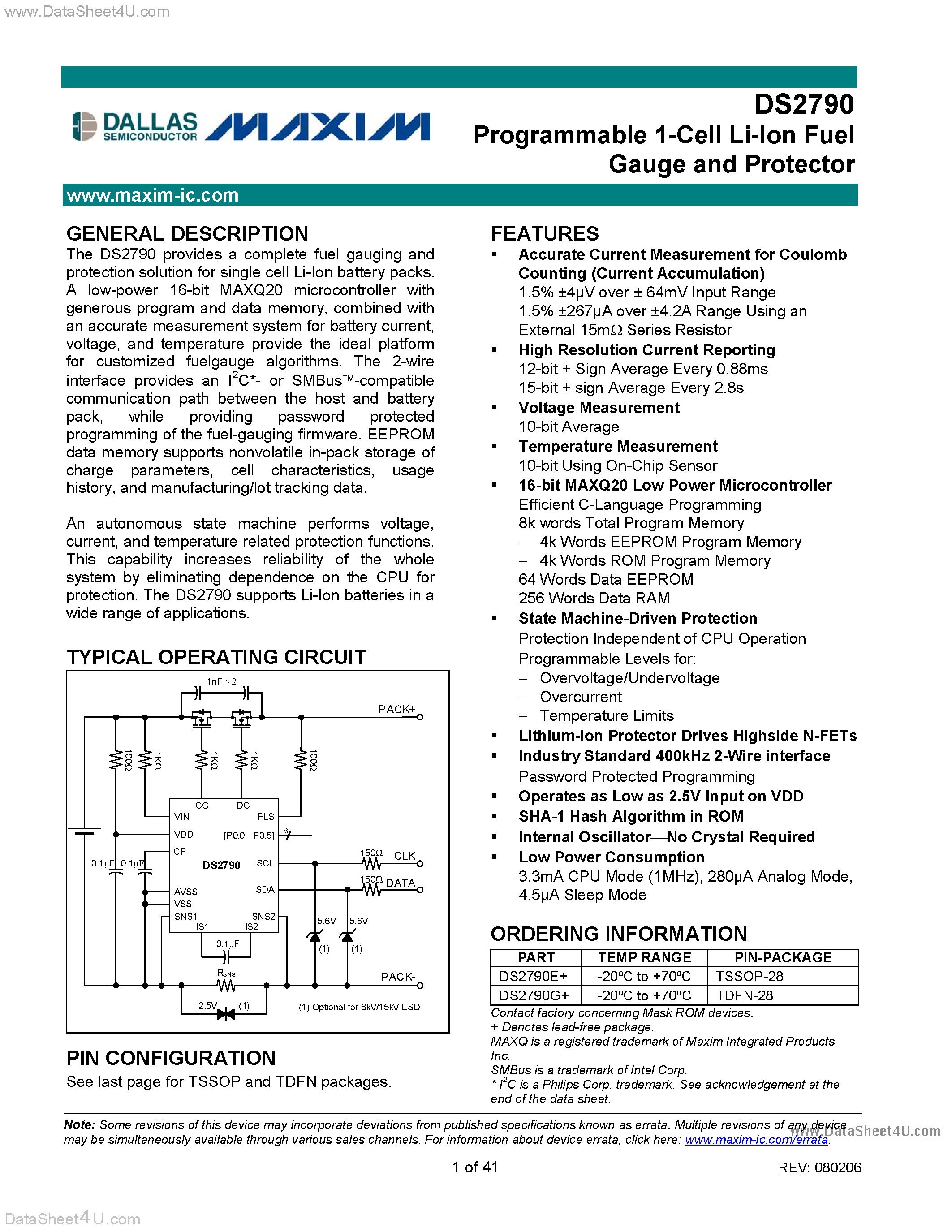 Даташит на микросхему DS2790 страница 1 Даташит DS2790 - Programmable 1-Cell Li-Ion Fuel Gauge and Protector страница 1