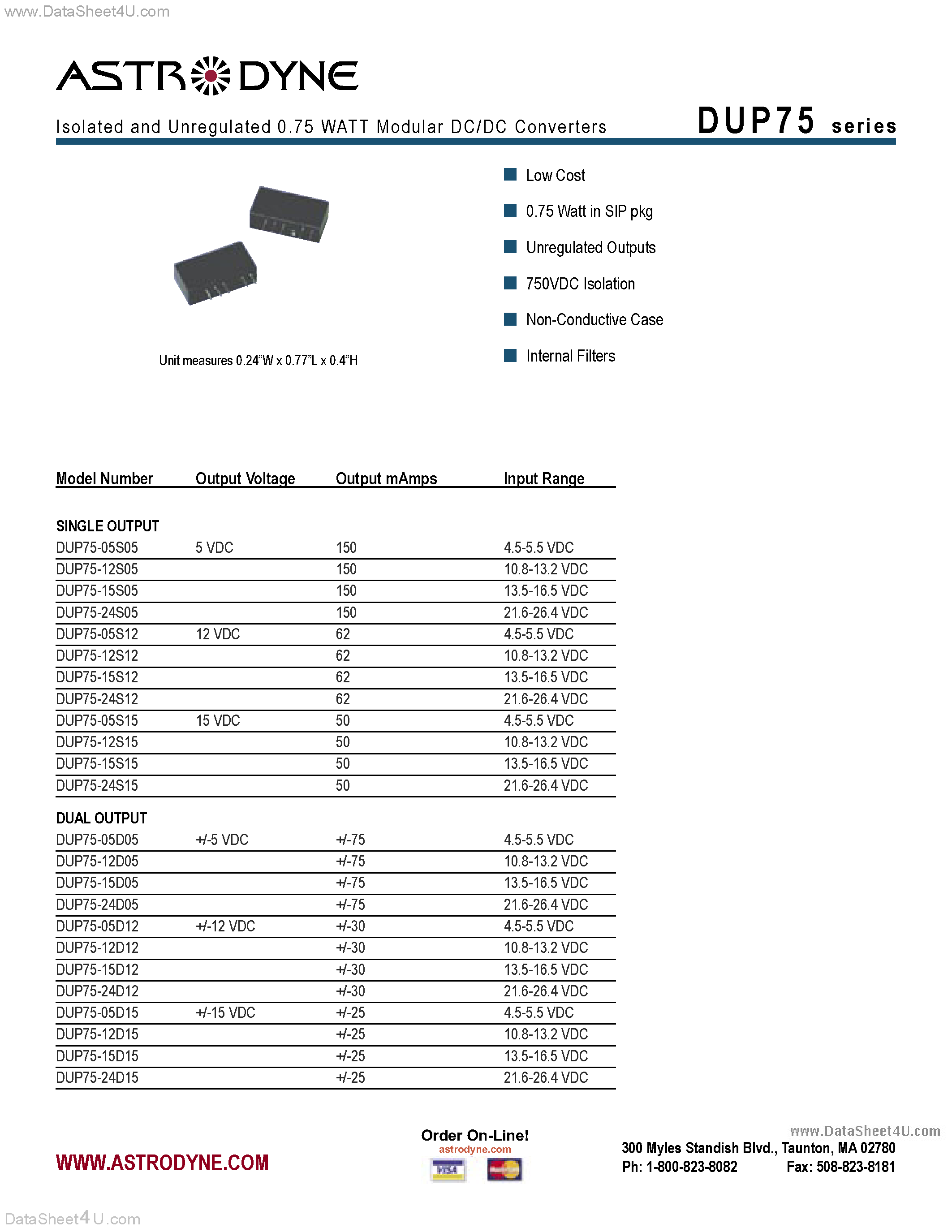 Datasheet DUP75 page 1 Datasheet DUP75 - Isolated and Unregulated 0.75 WATT Modular DC/DC Converters page 1