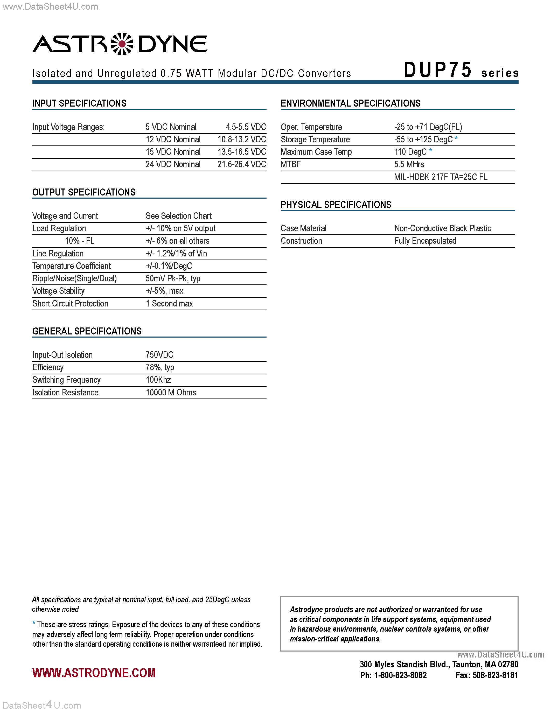Datasheet DUP75 page 2 Datasheet DUP75 - Isolated and Unregulated 0.75 WATT Modular DC/DC Converters page 2