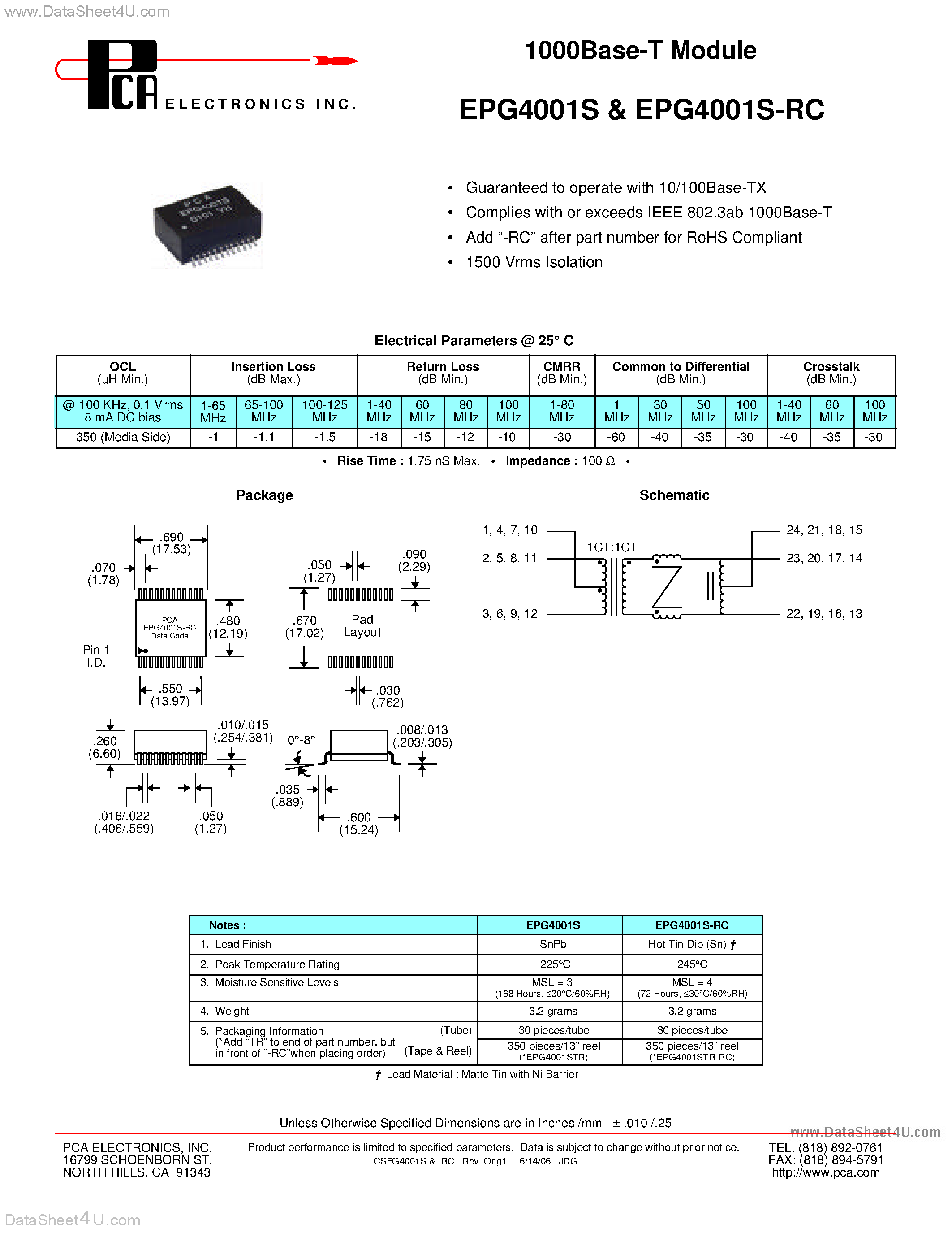 Datasheet EPG4001S page 1 Datasheet EPG4001S - 11000Base-T Module page 1