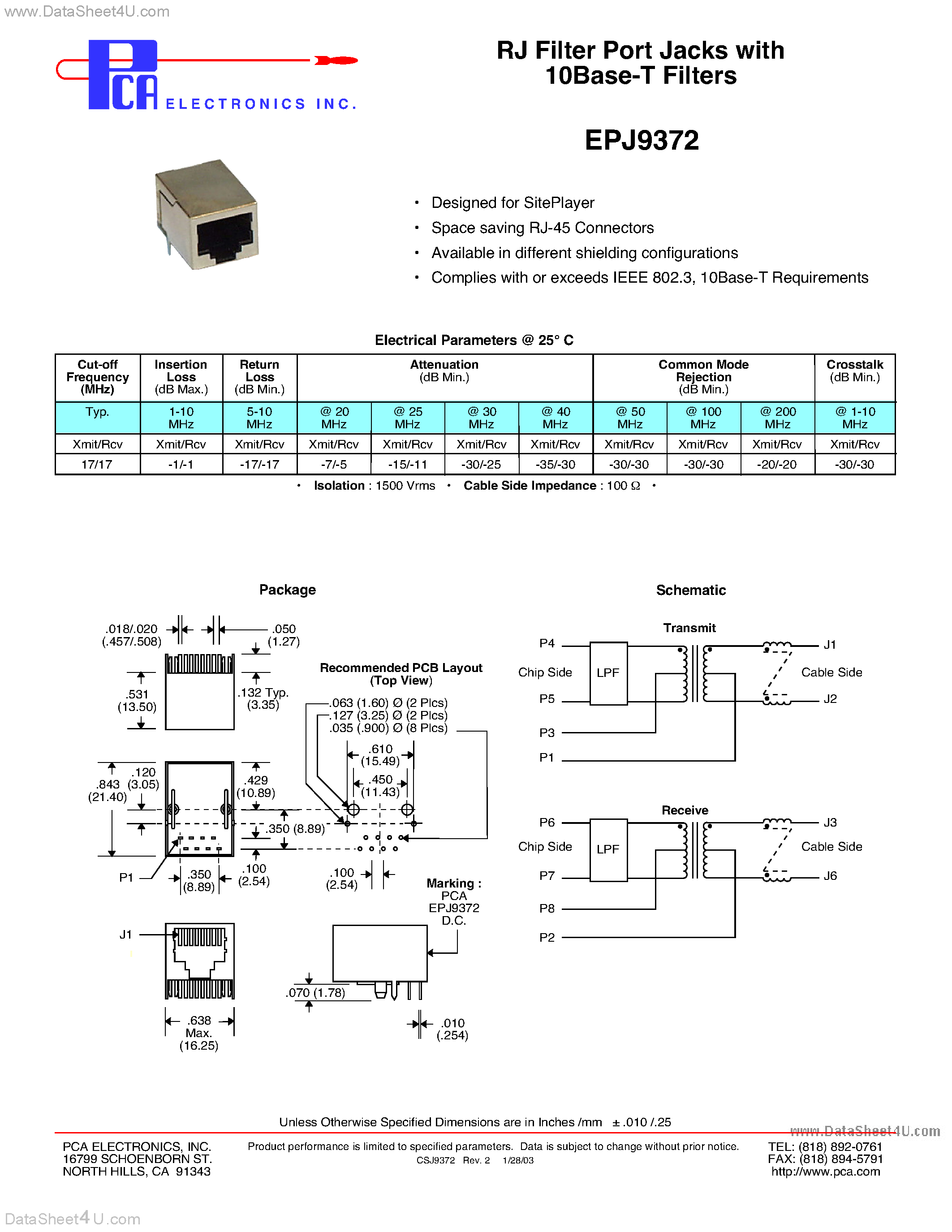 Datasheet EPJ9372 - RJ Filter Port Jacks with 10Base-T Filters page 1
