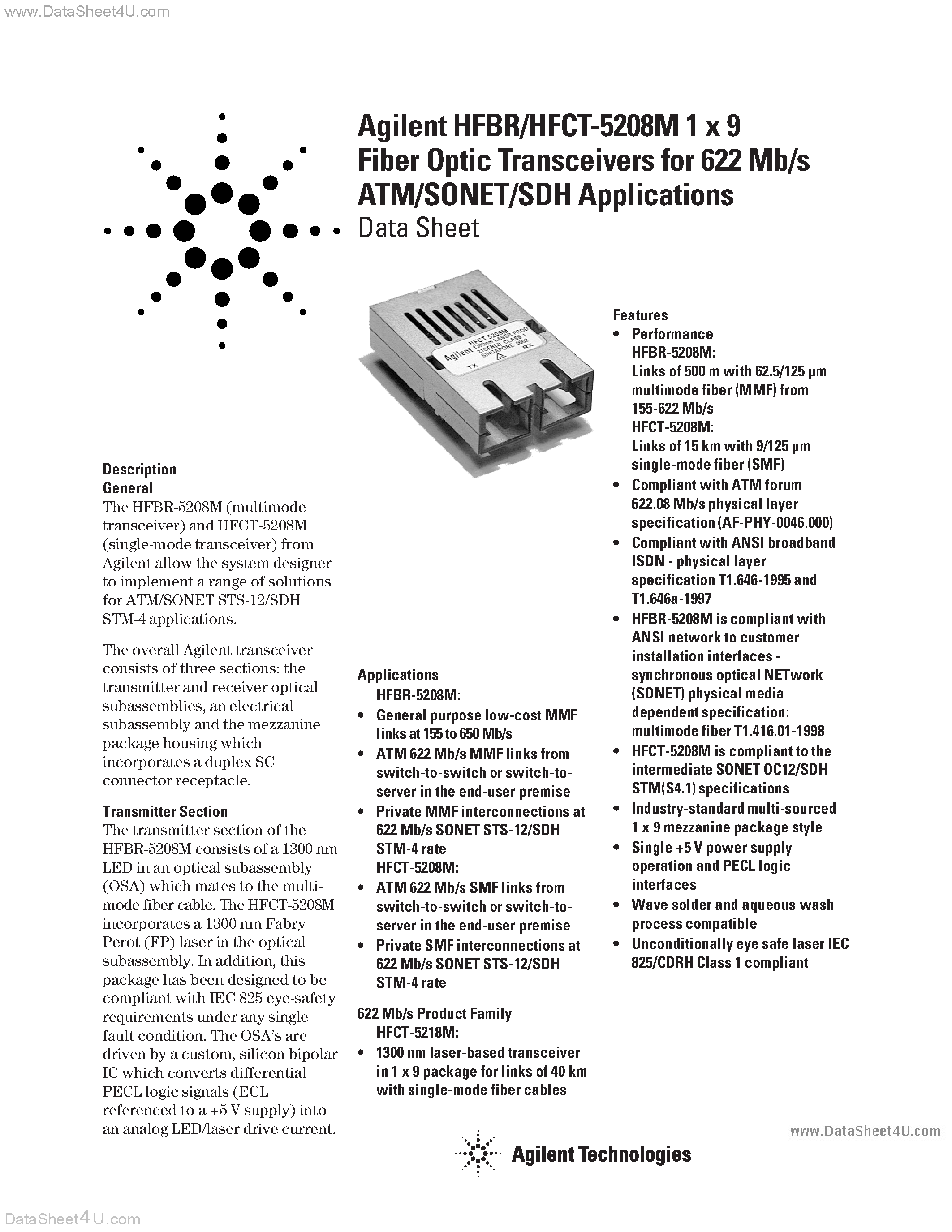 Даташит HFCT-5208M - Agilent HFBR/HFCT-5208M 1 x 9 Fiber Optic Transceivers страница 1