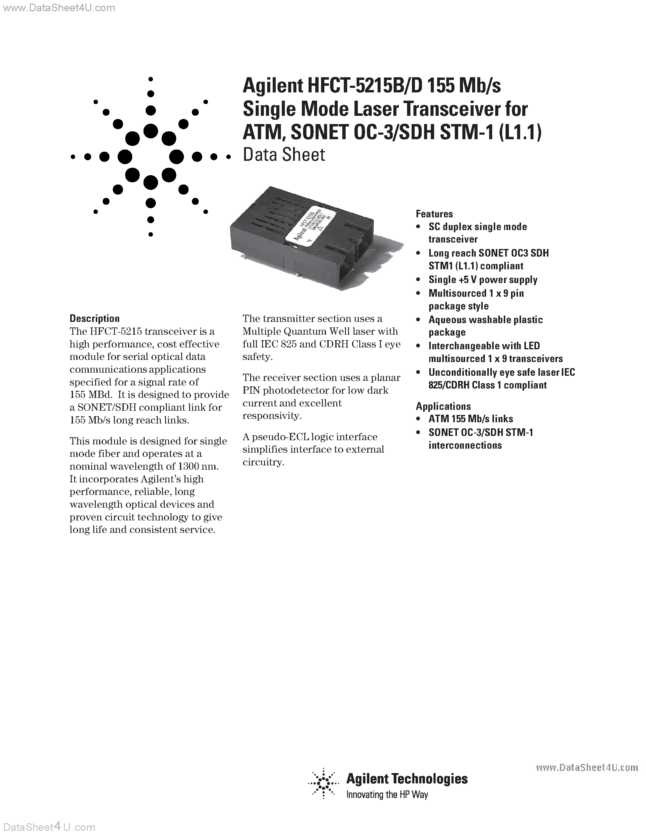 Datasheet HFCT-5215B page 1 Datasheet HFCT-5215B - Agilent HFCT-5215B/D 155 Mb/s Single Mode Laser Transceiver page 1