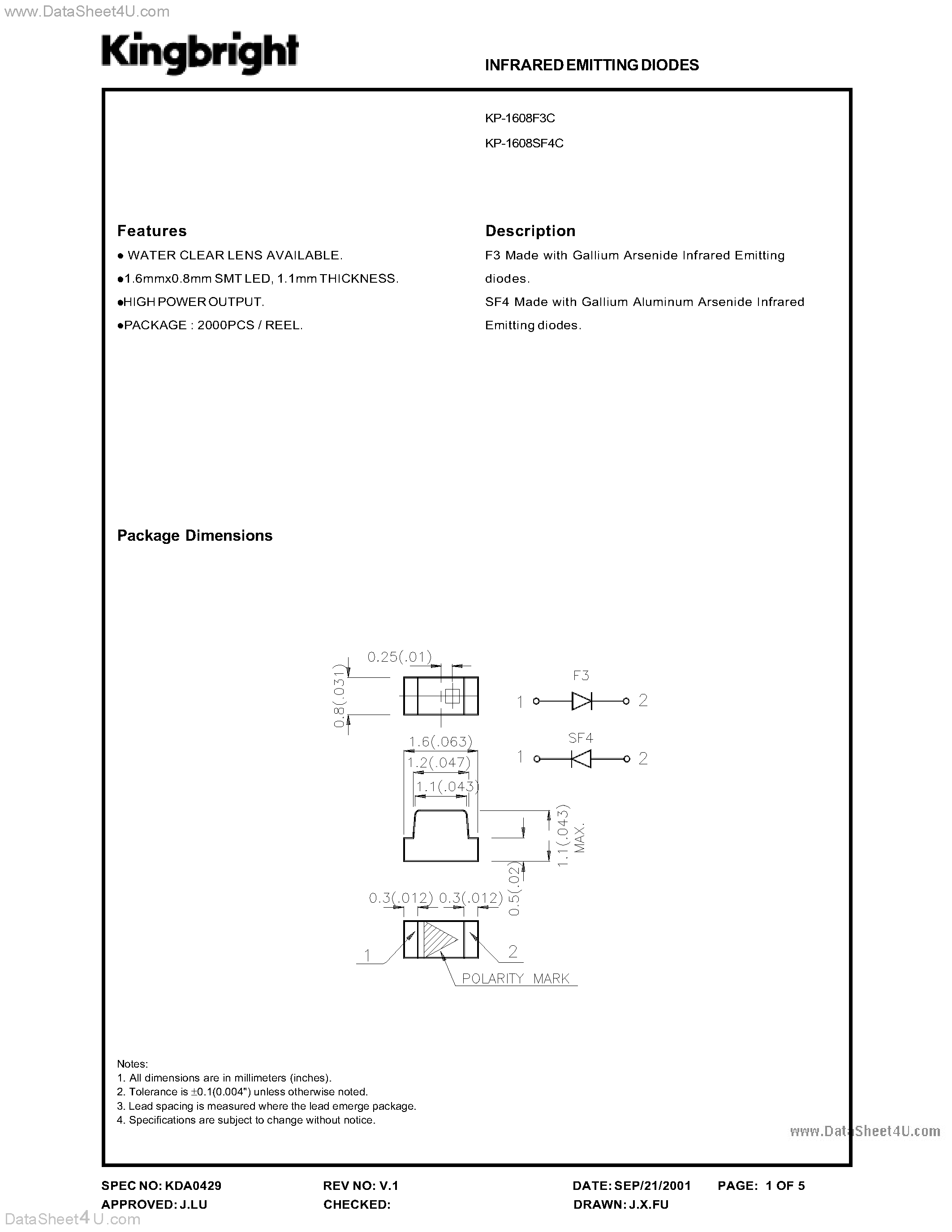 Даташит на микросхему KP-1608SF4C страница 1 Даташит KP-1608SF4C - NIFRAREDEMITTING DIODES страница 1