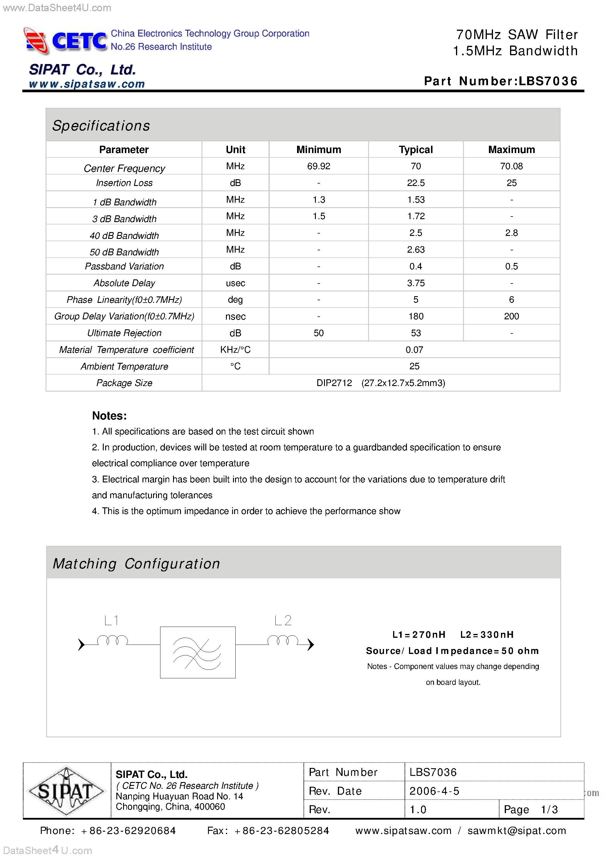 Даташит на микросхему LBS7036 страница 1 Даташит LBS7036 - 70MHz SAW Filter 1.5MHz Bandwidth страница 1