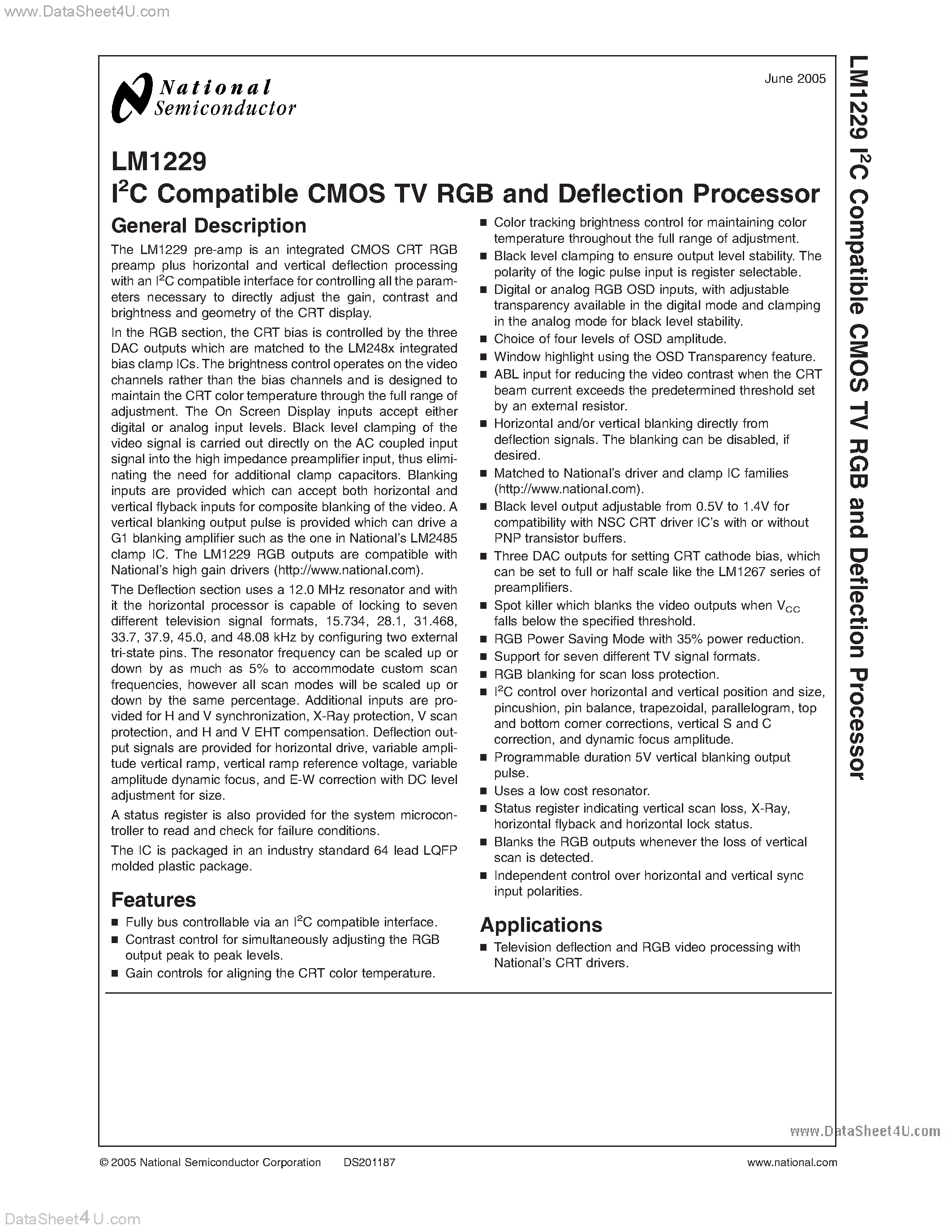 Datasheet LM1229 - I2C Compatible CMOS TV RGB and Deflection Processor page 1