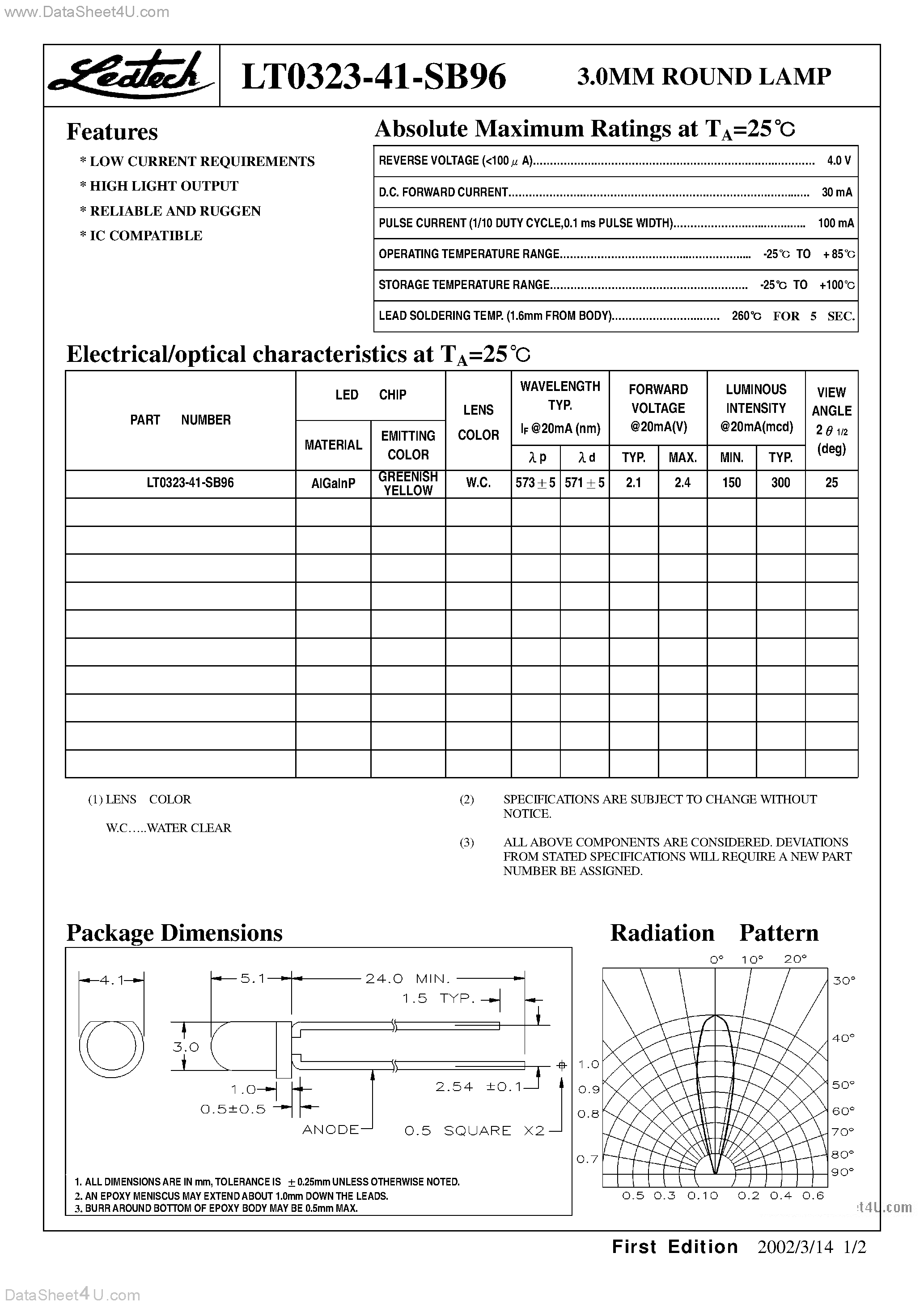 Datasheet LT0323-41-SB96 - 3.0MM ROUND LAMP page 1