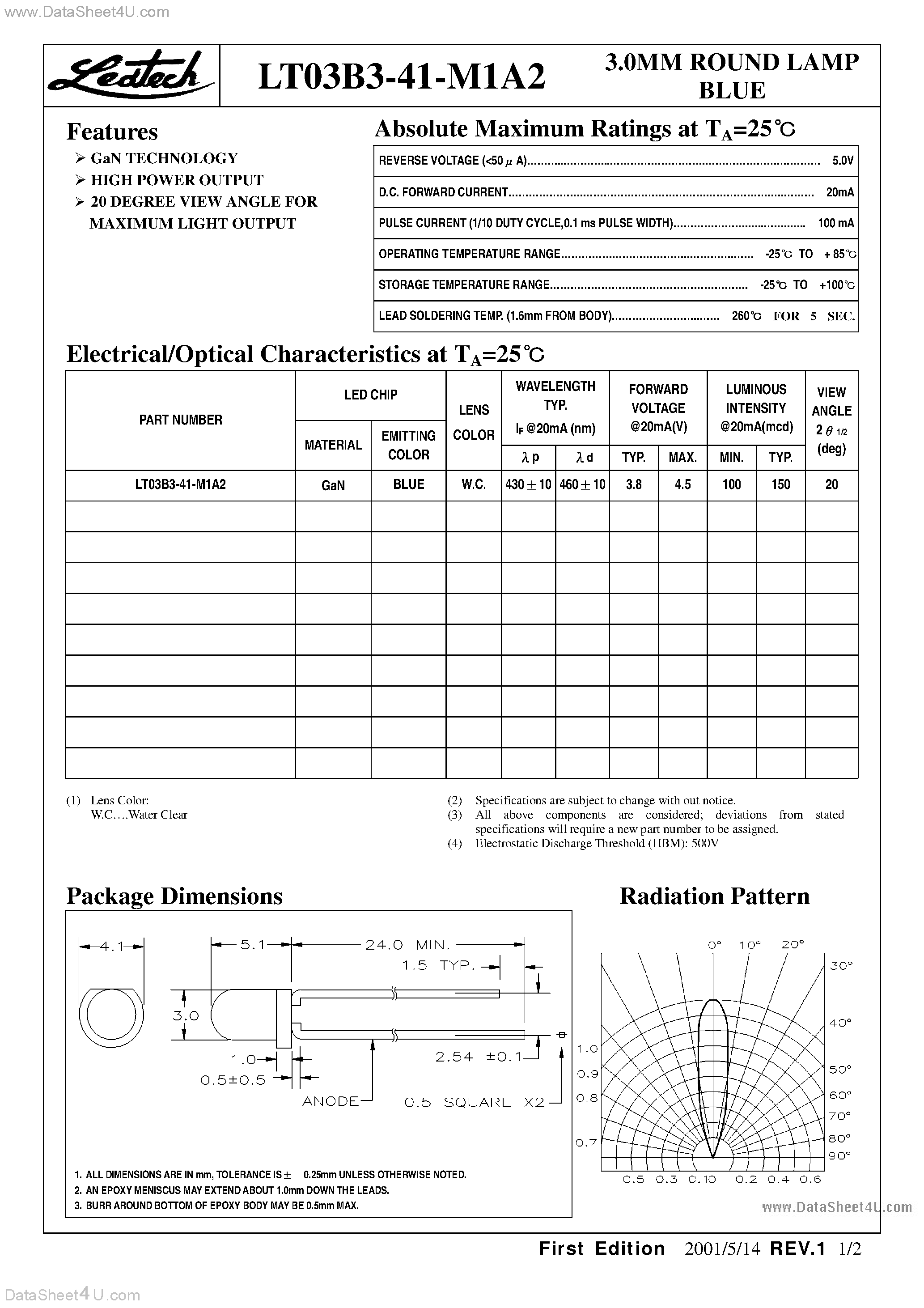 Datasheet LT03B3-41-M1A2 - 3.0MM ROUND LAMP BLUE page 1