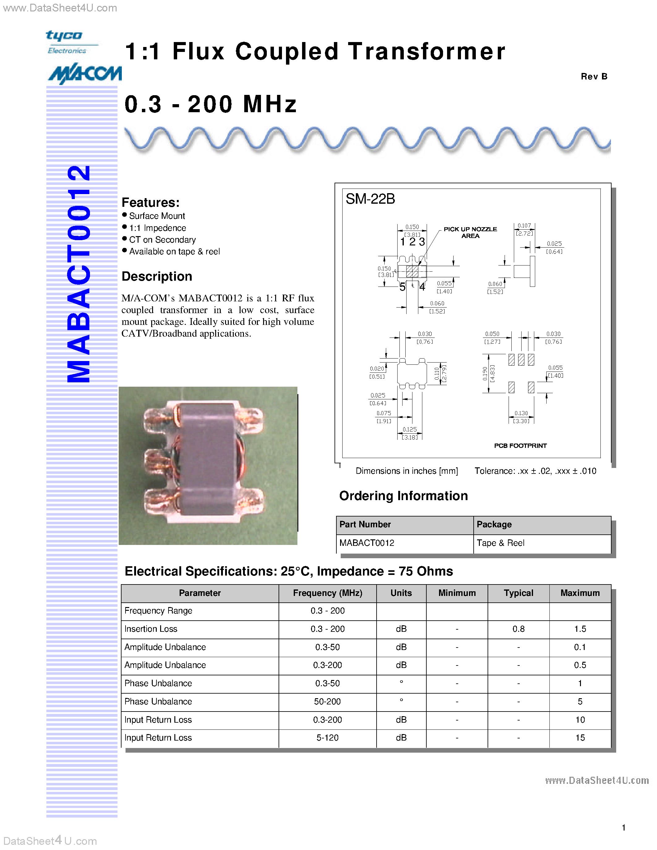 Datasheet MABACT0012 - 1:1 Flux Coupled Transformer 0.3 - 200 MHz page 1