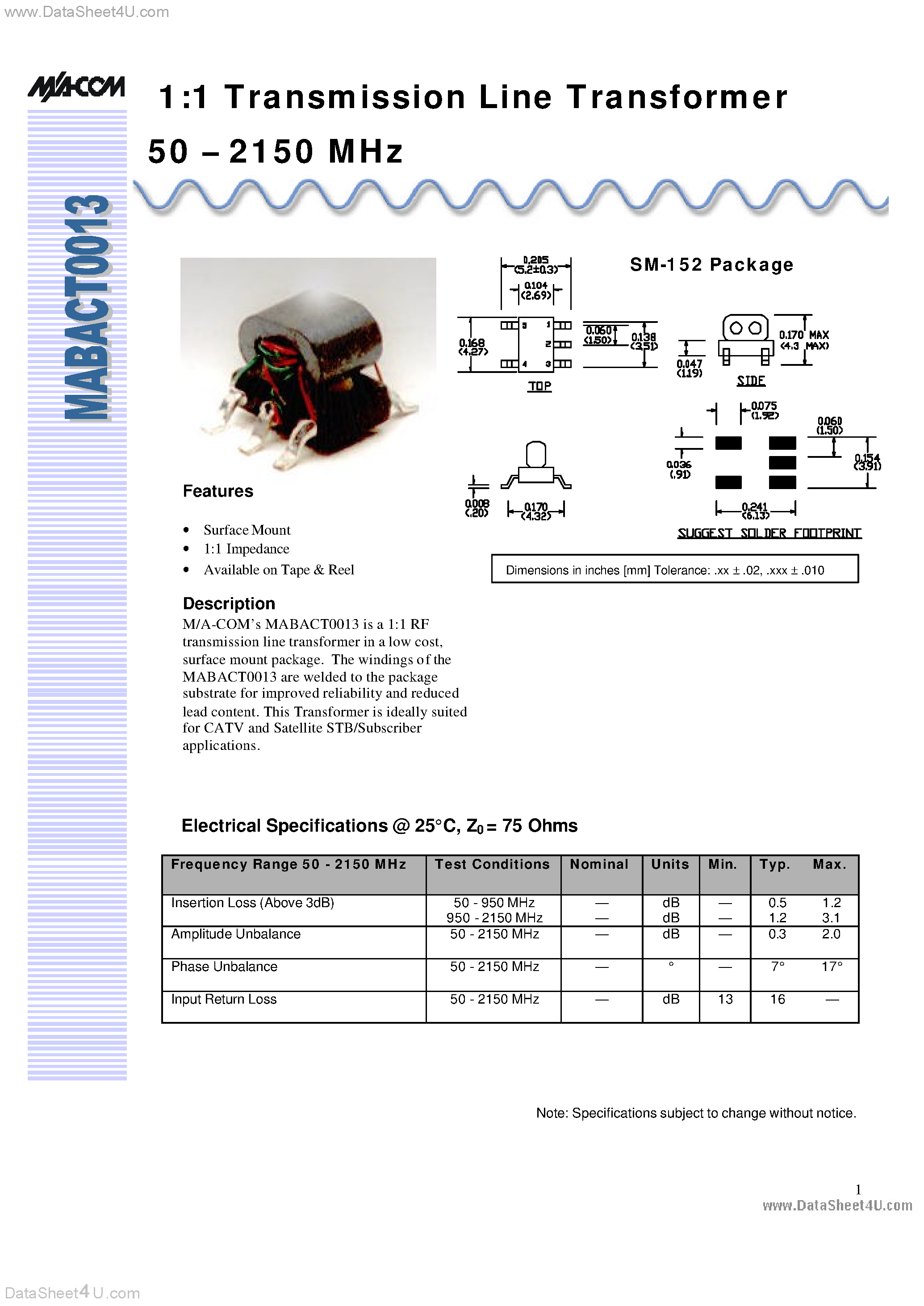 Даташит MABACT0013 - 1:1 Transmission Line Transformer 50 - 2150 MHz страница 1