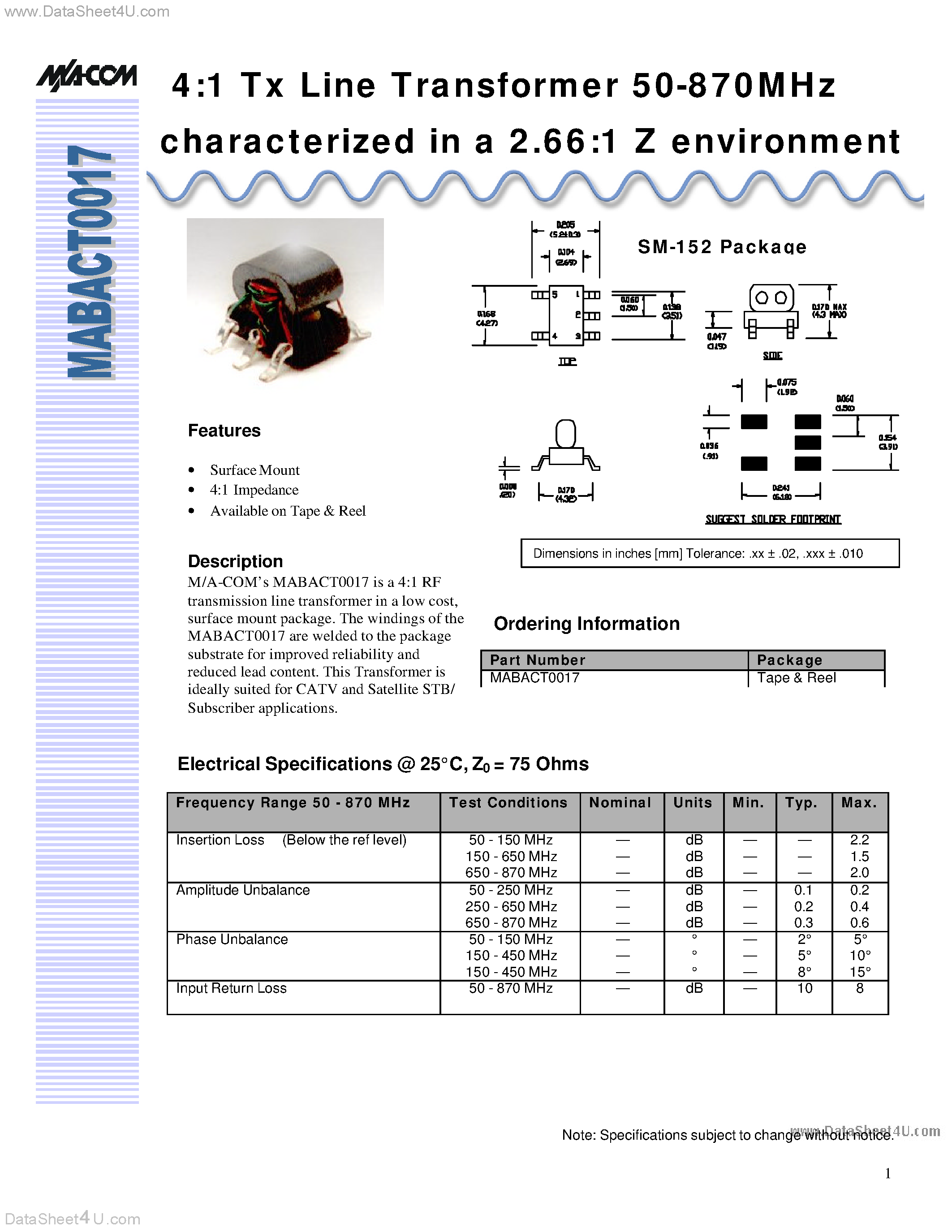Datasheet MABACT0017 - 4:1 Tx Line Transformer 50-870MHz characterized in a 2.66:1 Z environment page 1