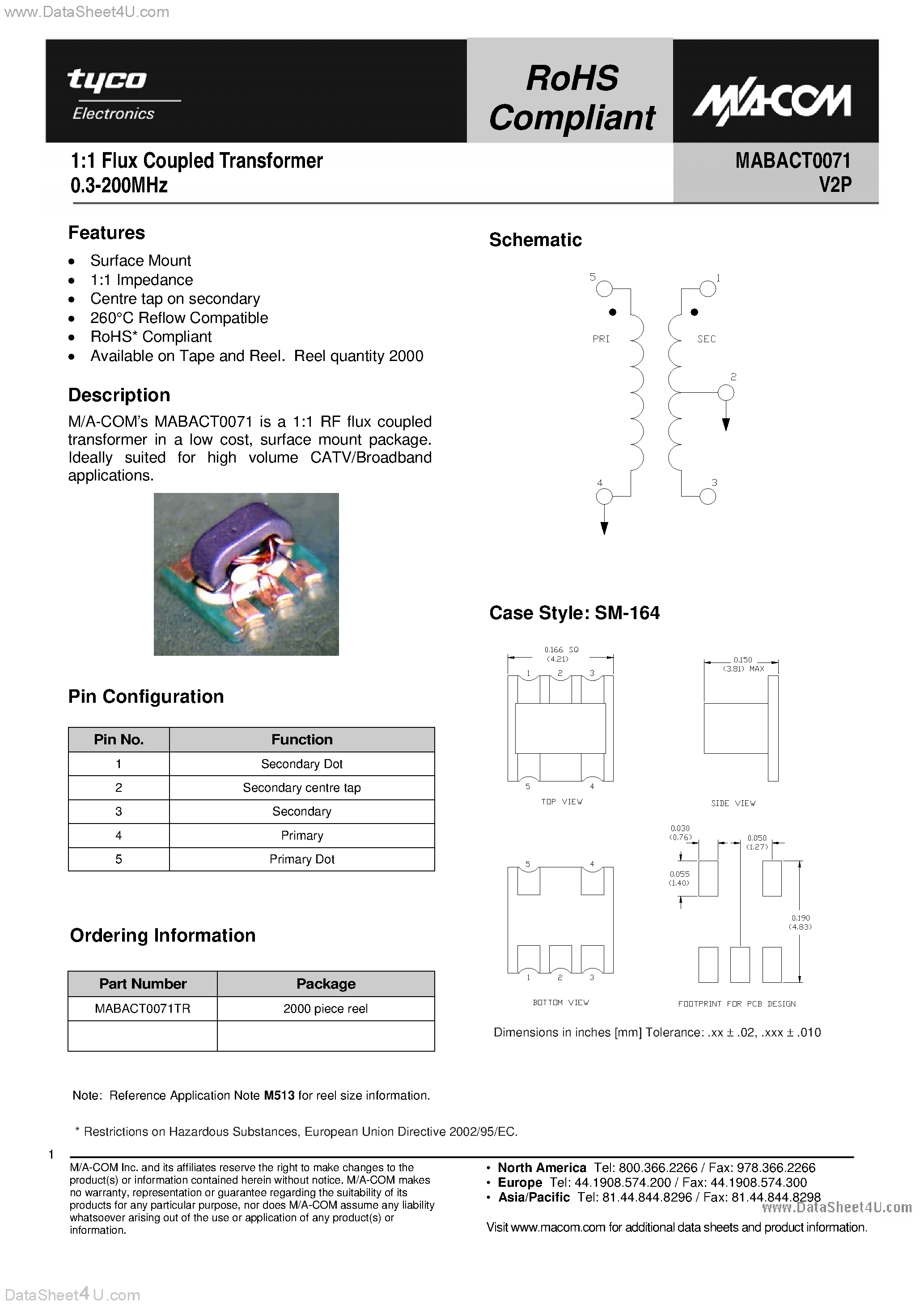 Datasheet MABACT0071 - 1:1 Flux Coupled Transformer 0.3-200MHz page 1