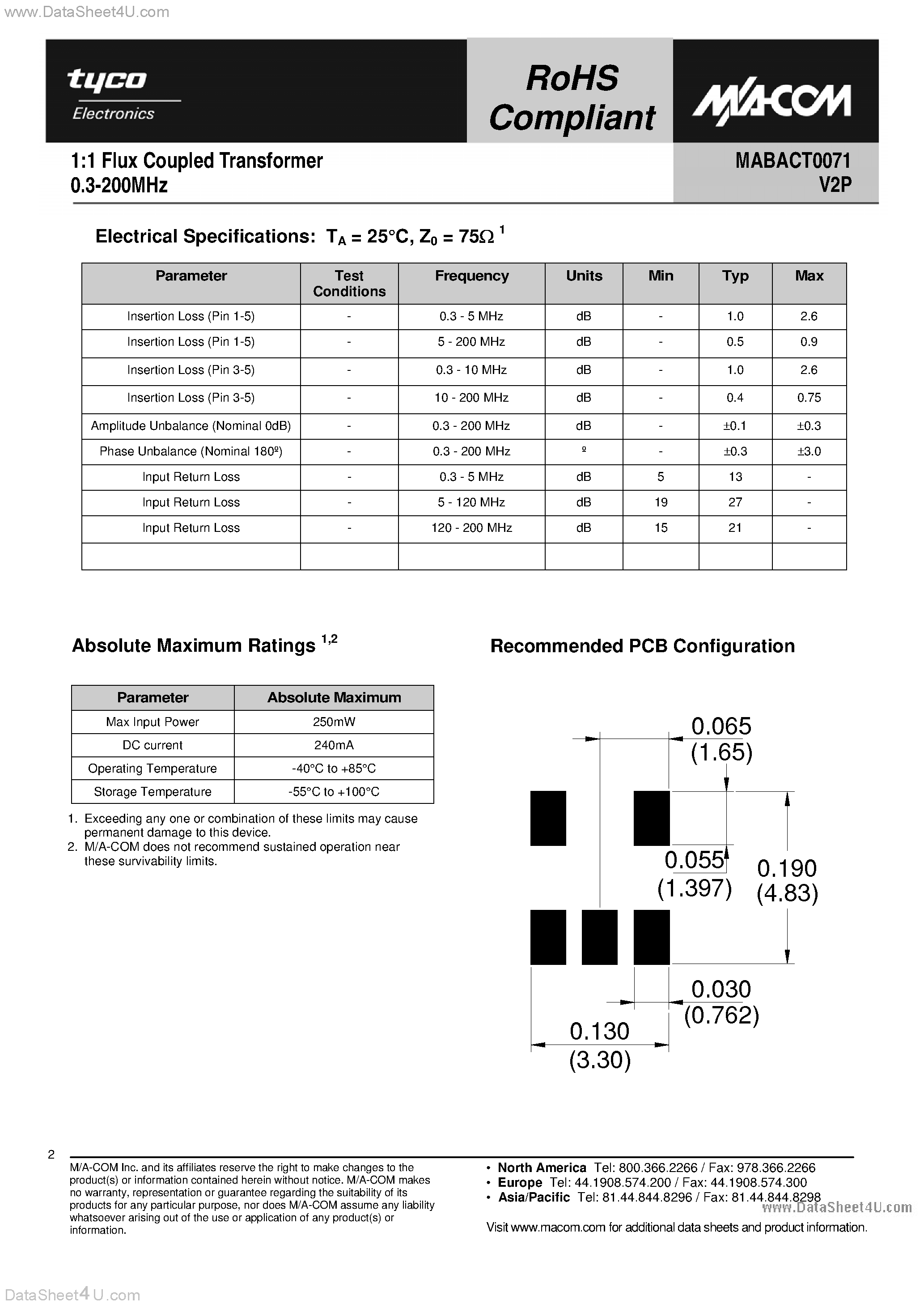 Datasheet MABACT0071 - 1:1 Flux Coupled Transformer 0.3-200MHz page 2