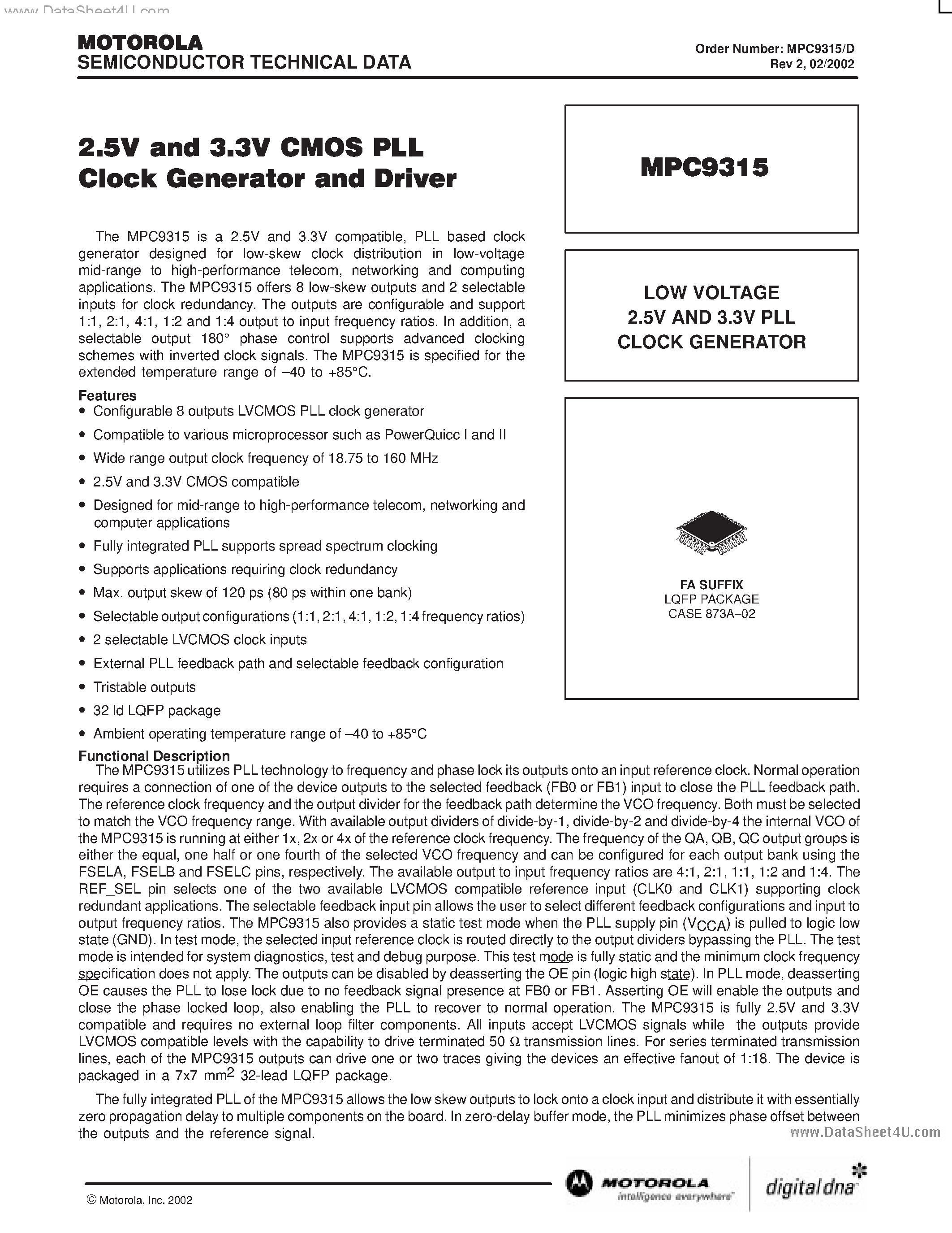 Datasheet MPC9315 - 2.5V and 3.3V CMOS PLL Clock Generator and Driver page 1