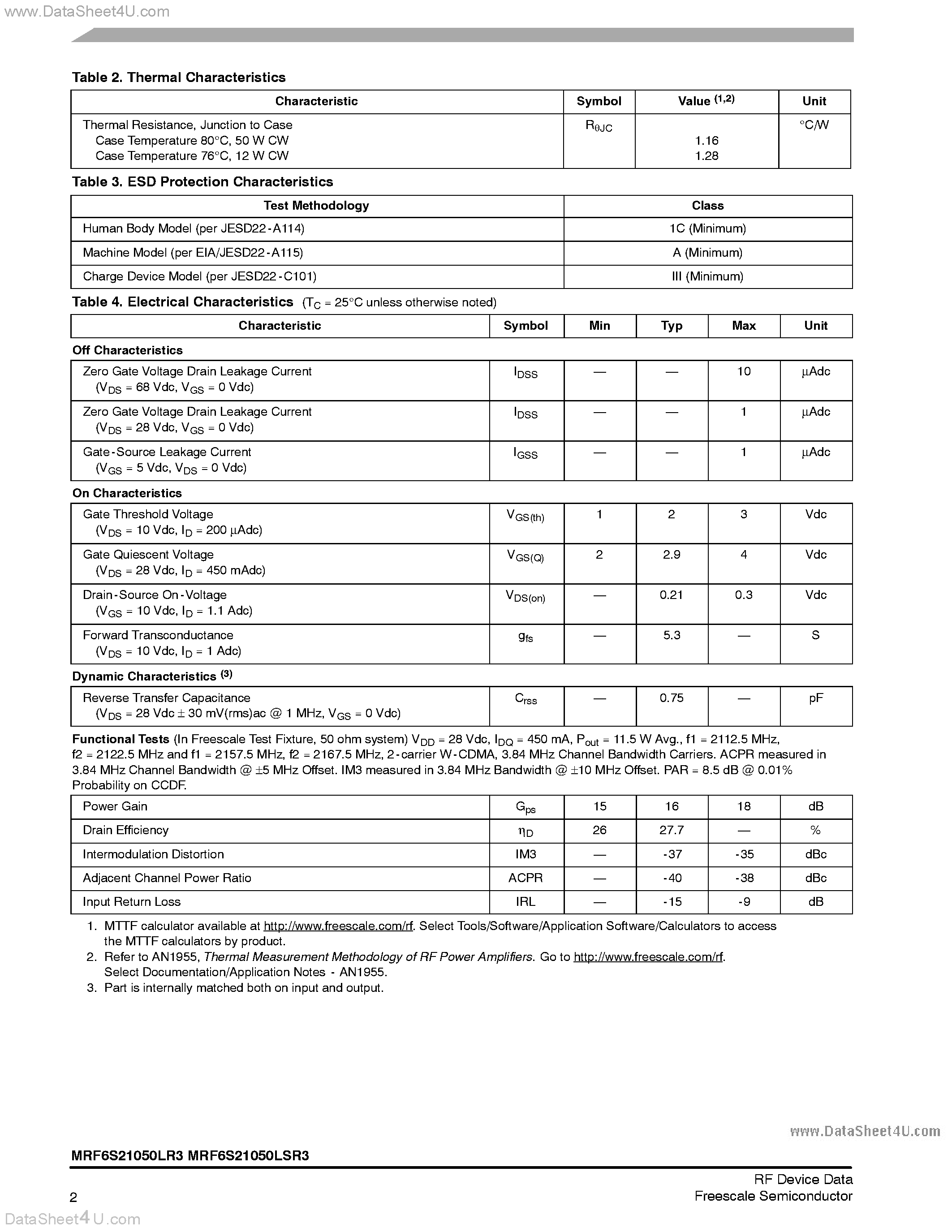 Datasheet MRF6S21050LR3 page 2 Datasheet MRF6S21050LR3 - RF Power Field Effect Transistors page 2