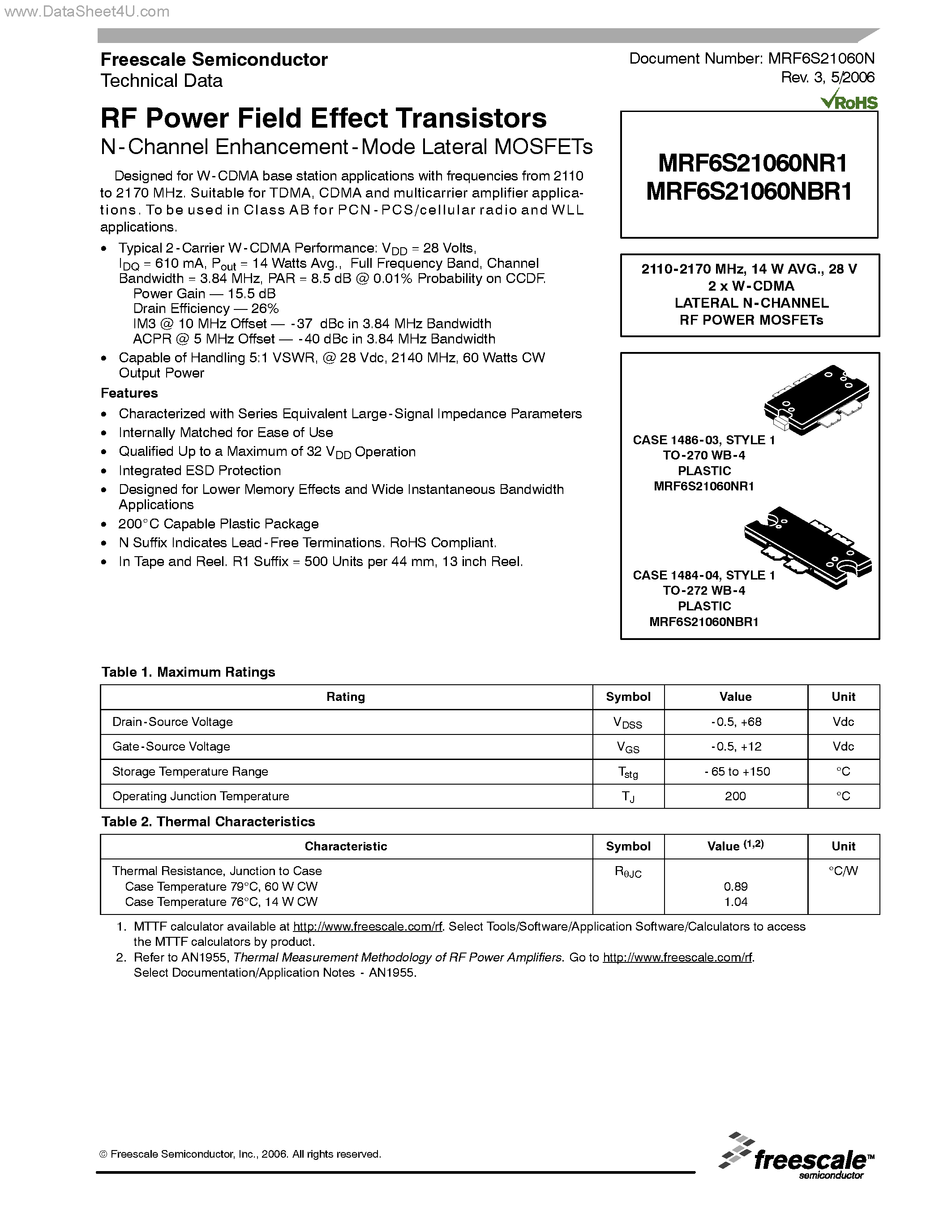 Datasheet MRF6S21060NBR1 - RF Power Field Effect Transistors N-Channel Enhancement-Mode Lateral MOSFETs page 1