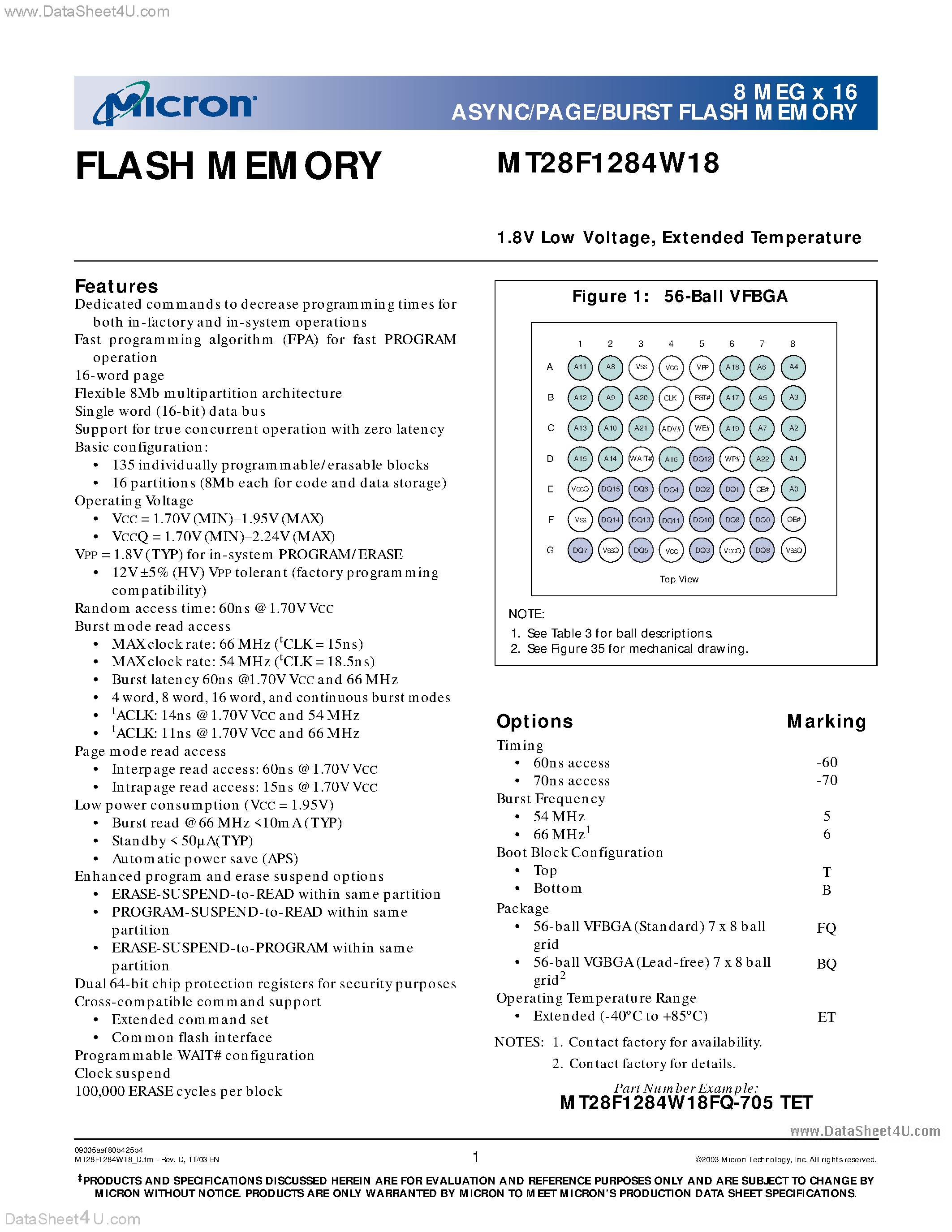 Даташит на микросхему MT28F1284W18 страница 1 Даташит MT28F1284W18 - 1.8V Low Voltage Extended Temperature страница 1