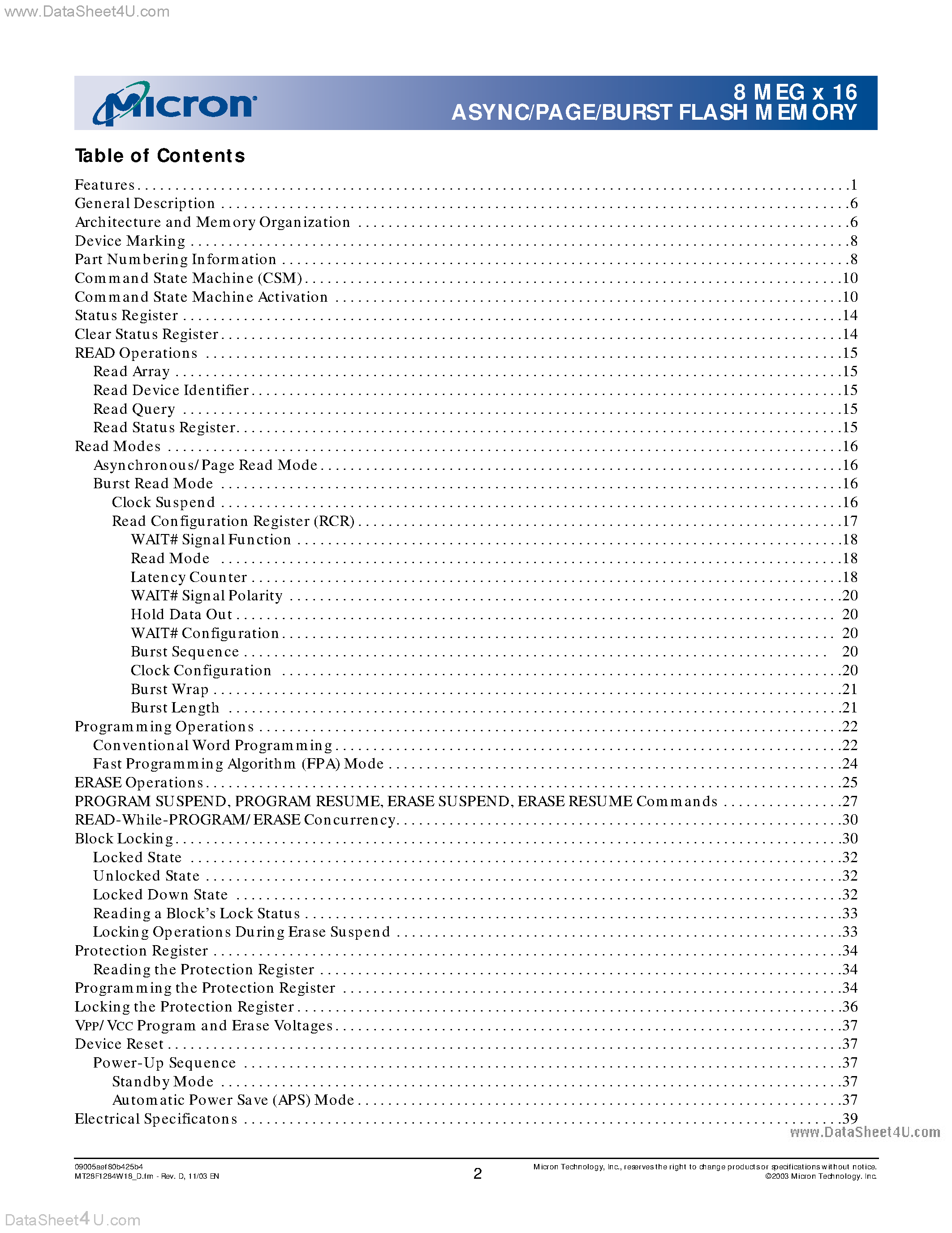 Даташит на микросхему MT28F1284W18 страница 2 Даташит MT28F1284W18 - 1.8V Low Voltage Extended Temperature страница 2