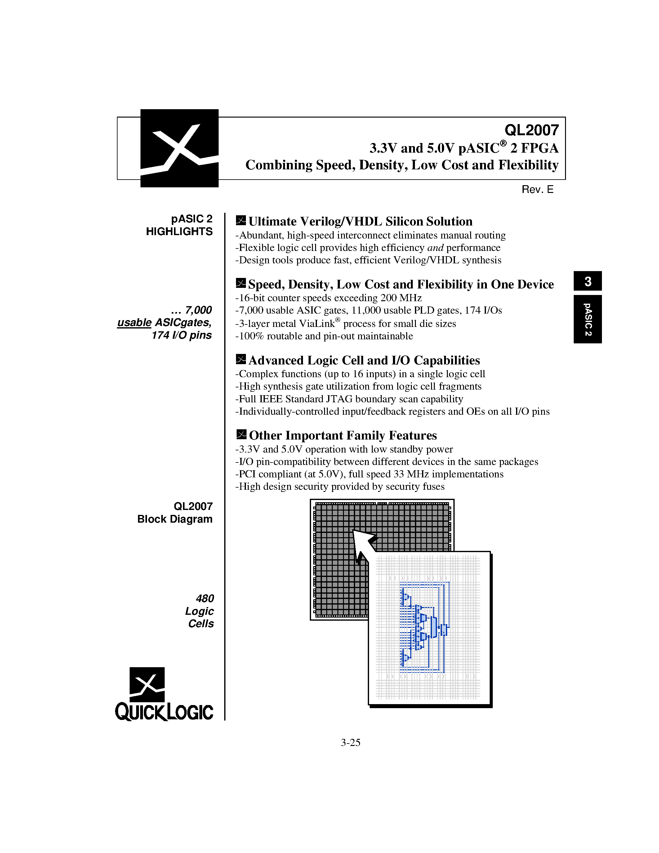 Datasheet QL2007 - pASIC 2 FPGA Combining Speed page 1