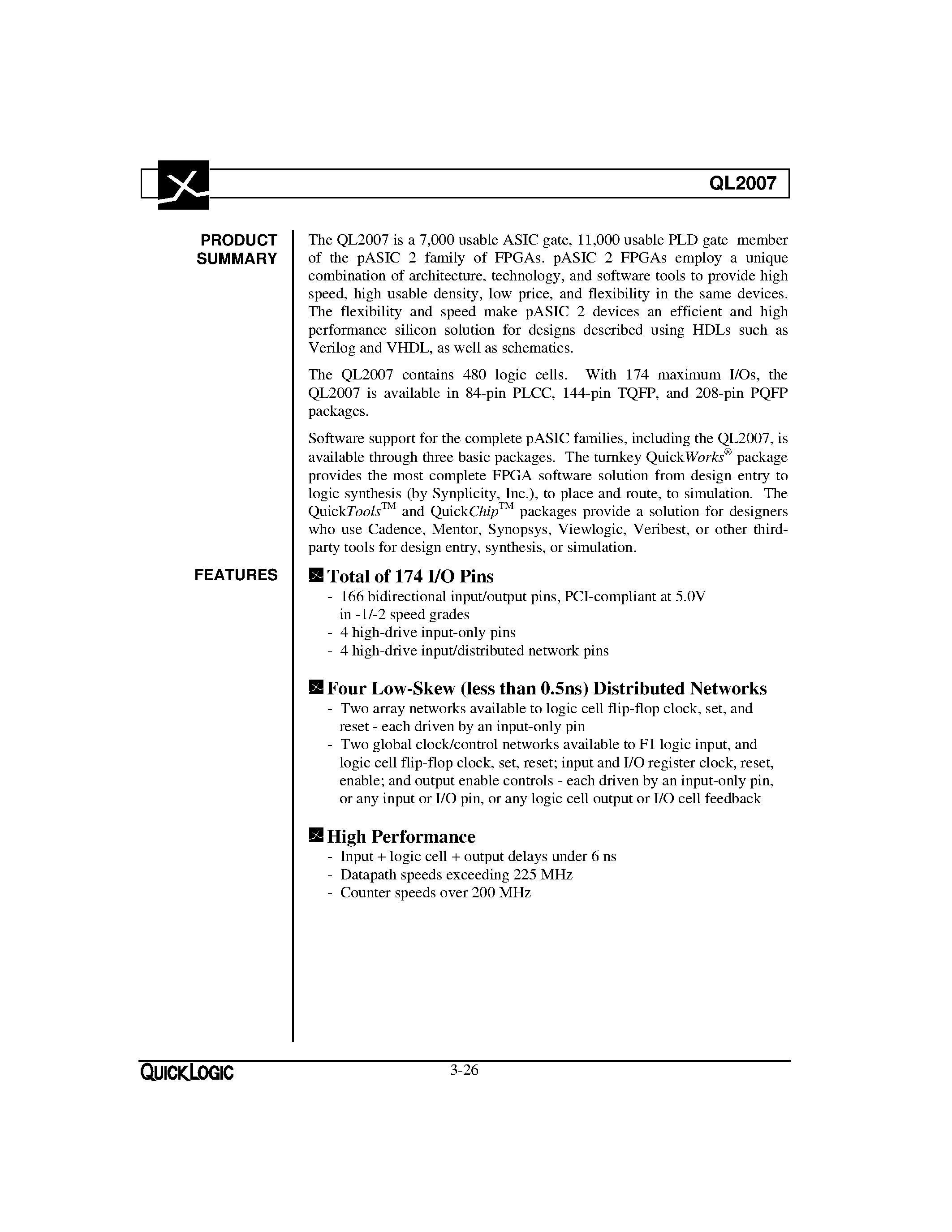 Datasheet QL2007 - pASIC 2 FPGA Combining Speed page 2
