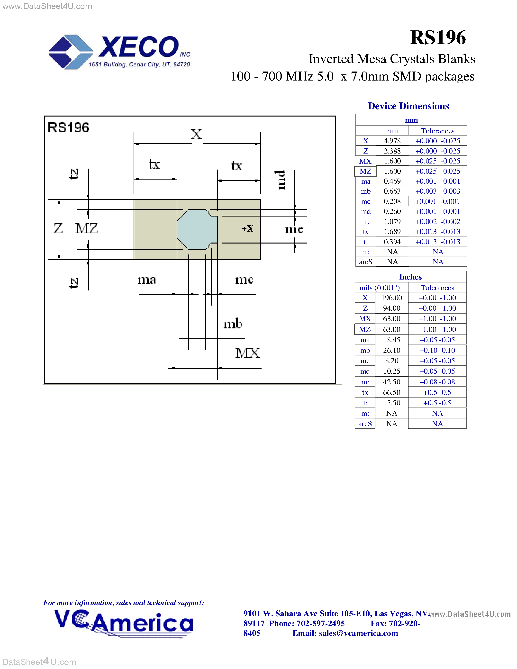 Даташит на микросхему RS196 страница 2 Даташит RS196 - Inverted Mesa Crystals Blanks 100 - 700 MHz 5.0 x 7.0mm SMD packages страница 2