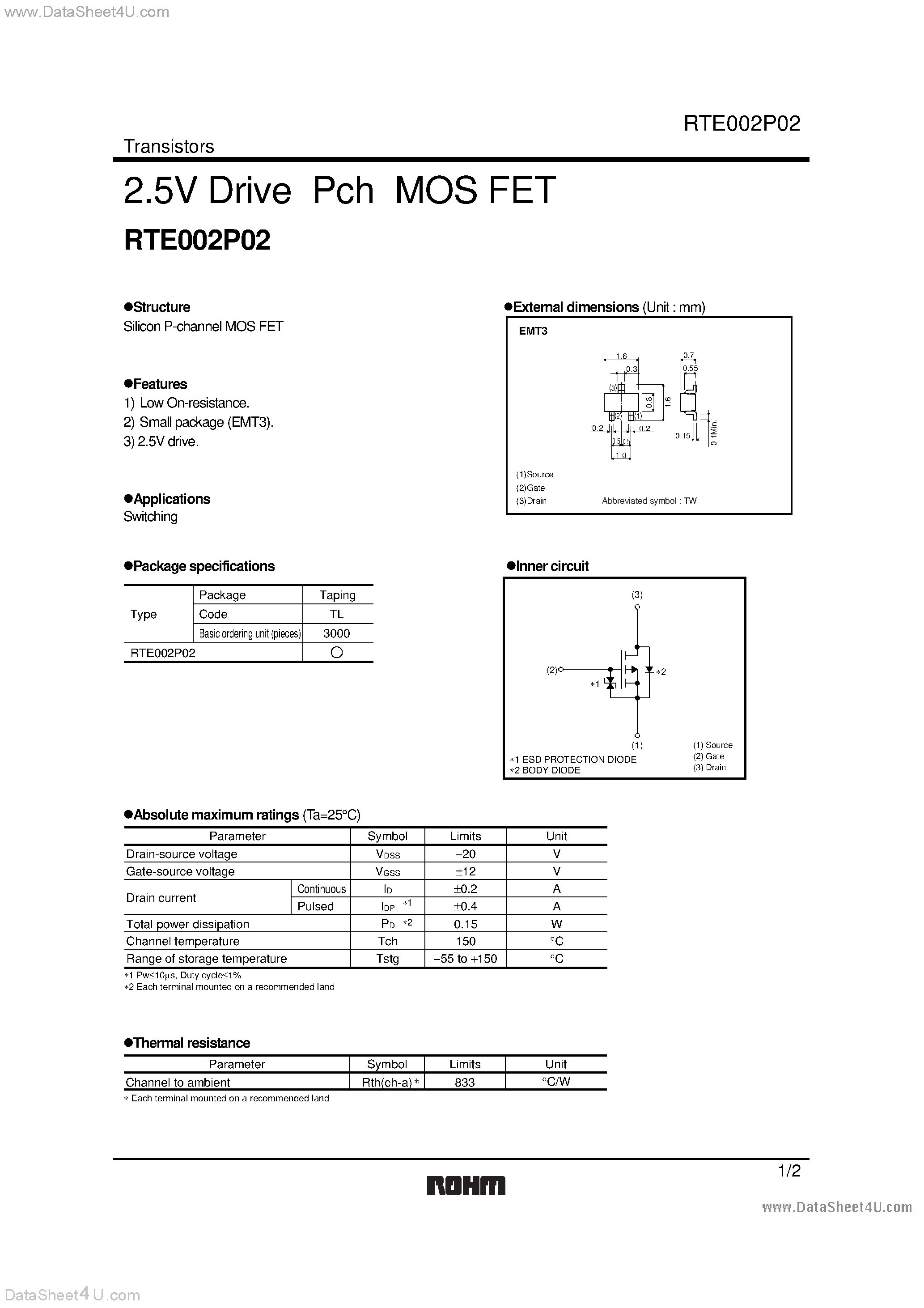 Datasheet RTE002P02 - 2.5V Drive Pch MOS FET page 1
