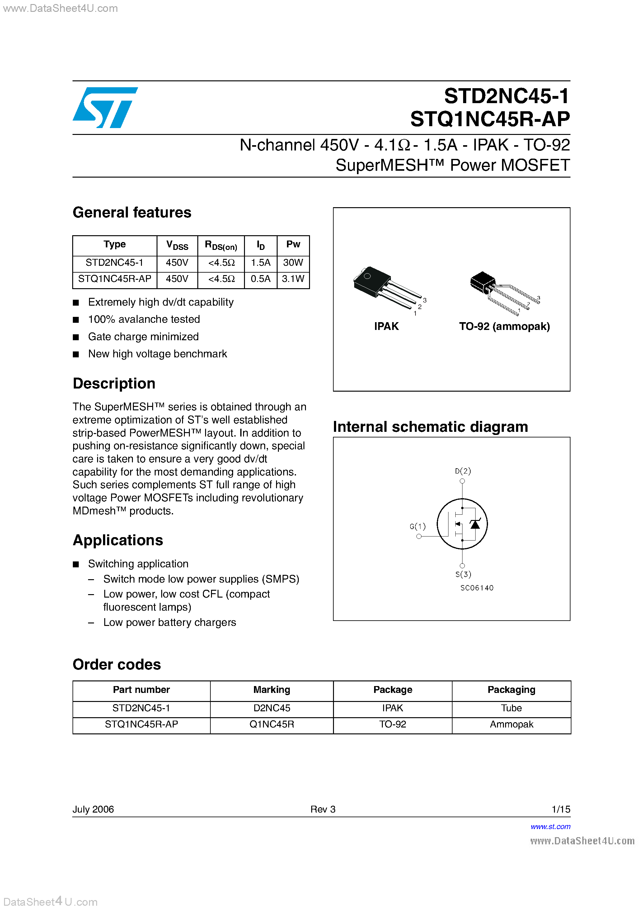 Даташит на микросхему STD2NC45-1 страница 1 Даташит STD2NC45-1 - N-channel MOSFET страница 1