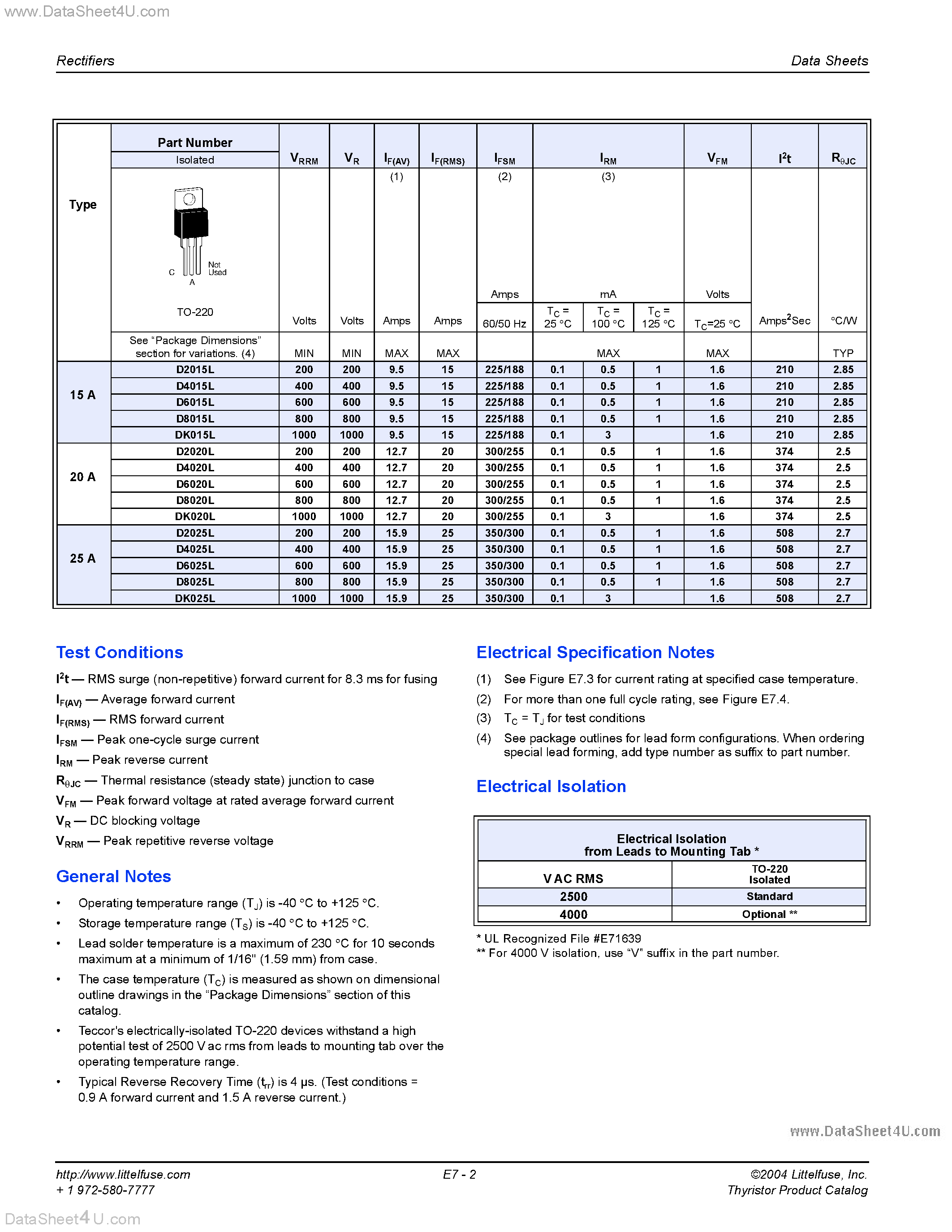 Datasheet D8020L - Teccor manufactures 15 A rms to 25 A rms rectifiers page 2