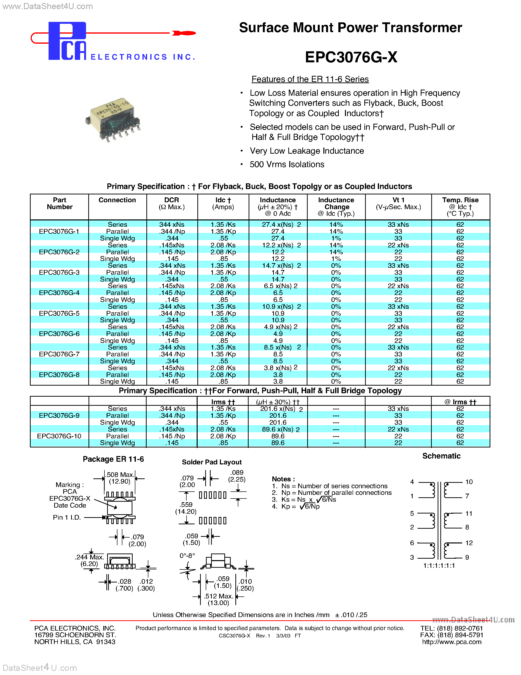 Даташит EPC3076G-x - Surface Mount Power Transformer страница 1