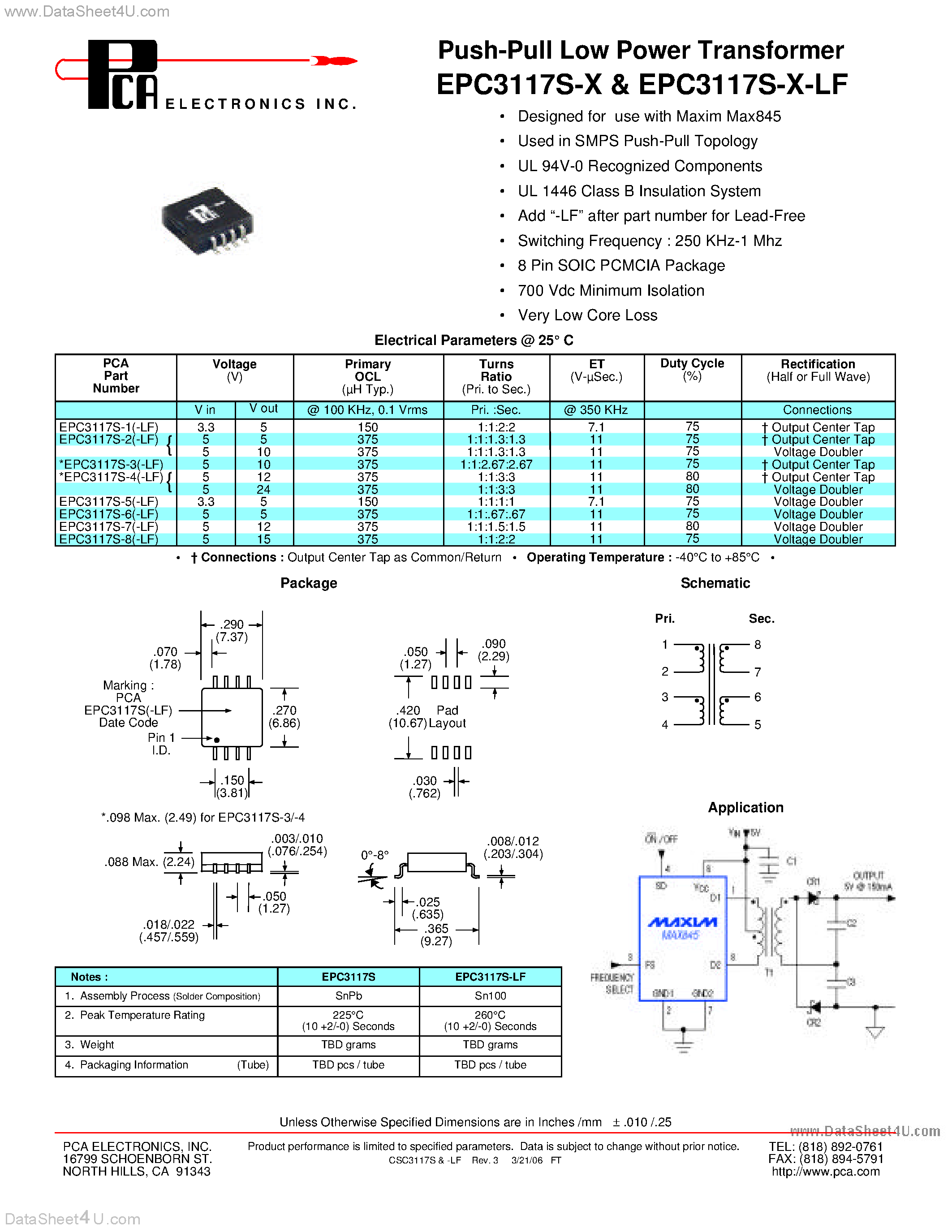 Datasheet EPC3117S-x - Push-Pull Low Power Transformer page 1