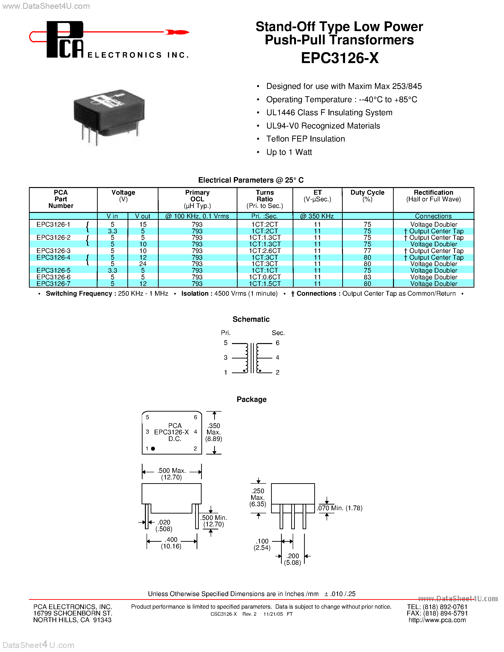 Datasheet EPC3126-x page 1 Datasheet EPC3126-x - Stand-Off Type Low Power Push-Pull Transformers page 1
