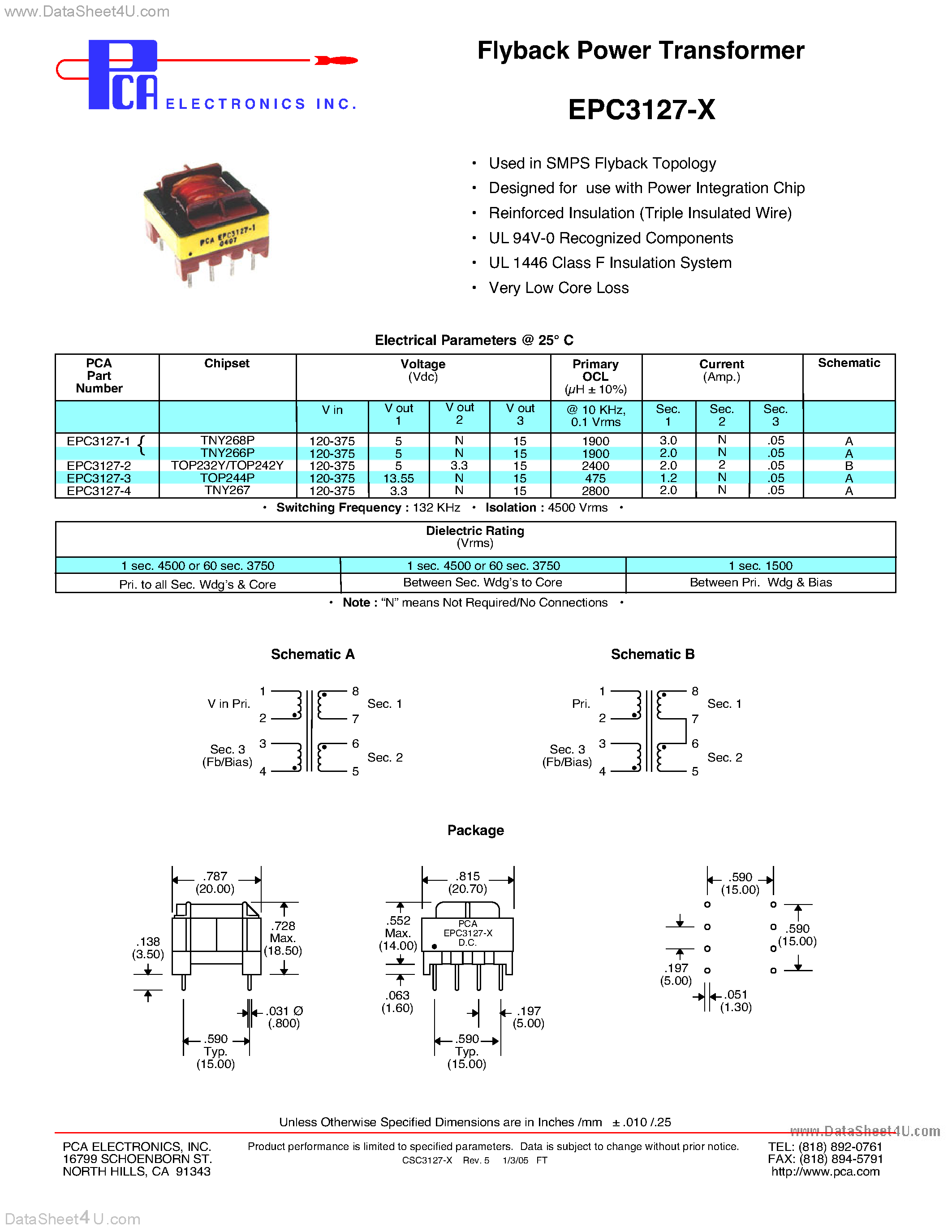 Datasheet EPC3127-x - Flyback Power Transformer page 1