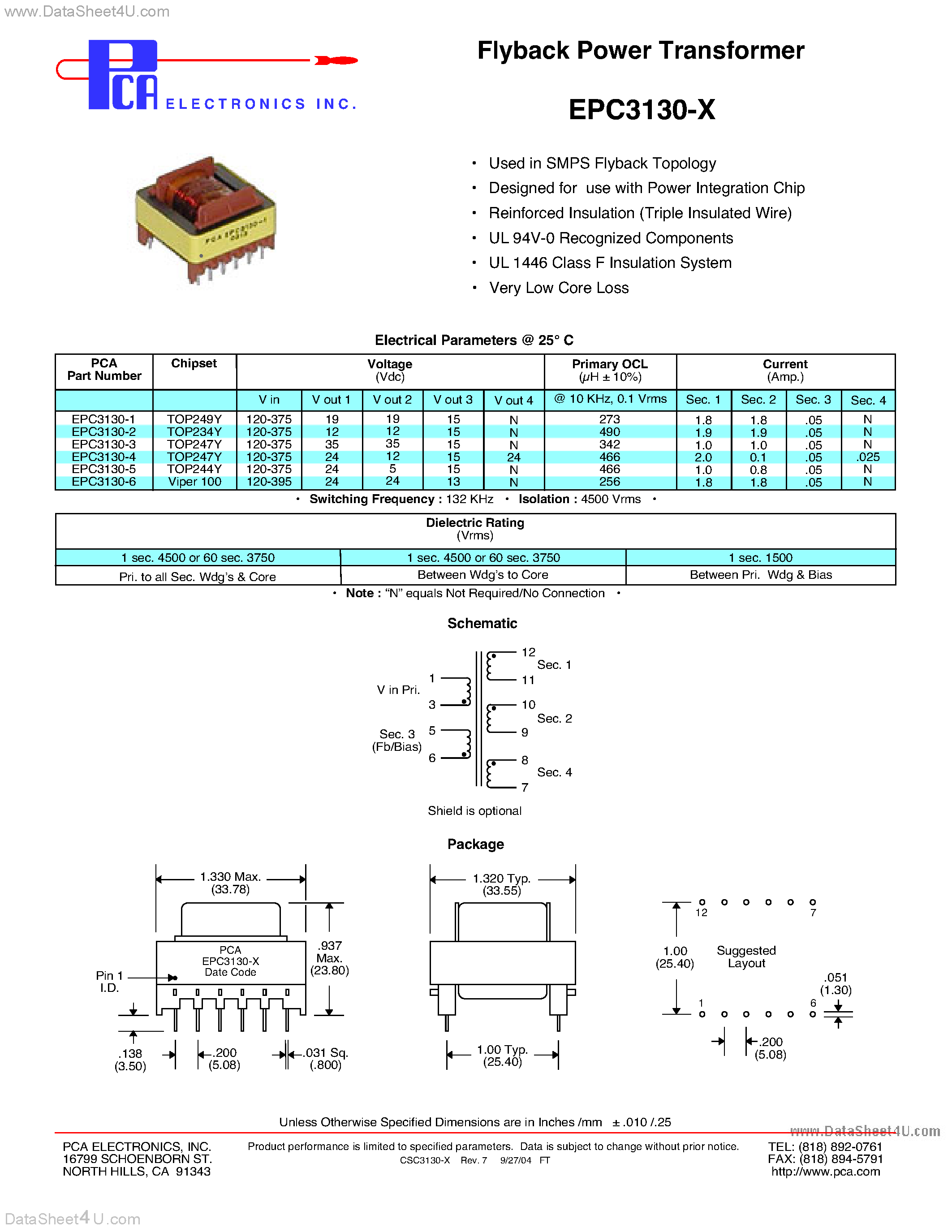 Datasheet EPC3130-x page 1 Datasheet EPC3130-x - Flyback Power Transformer page 1