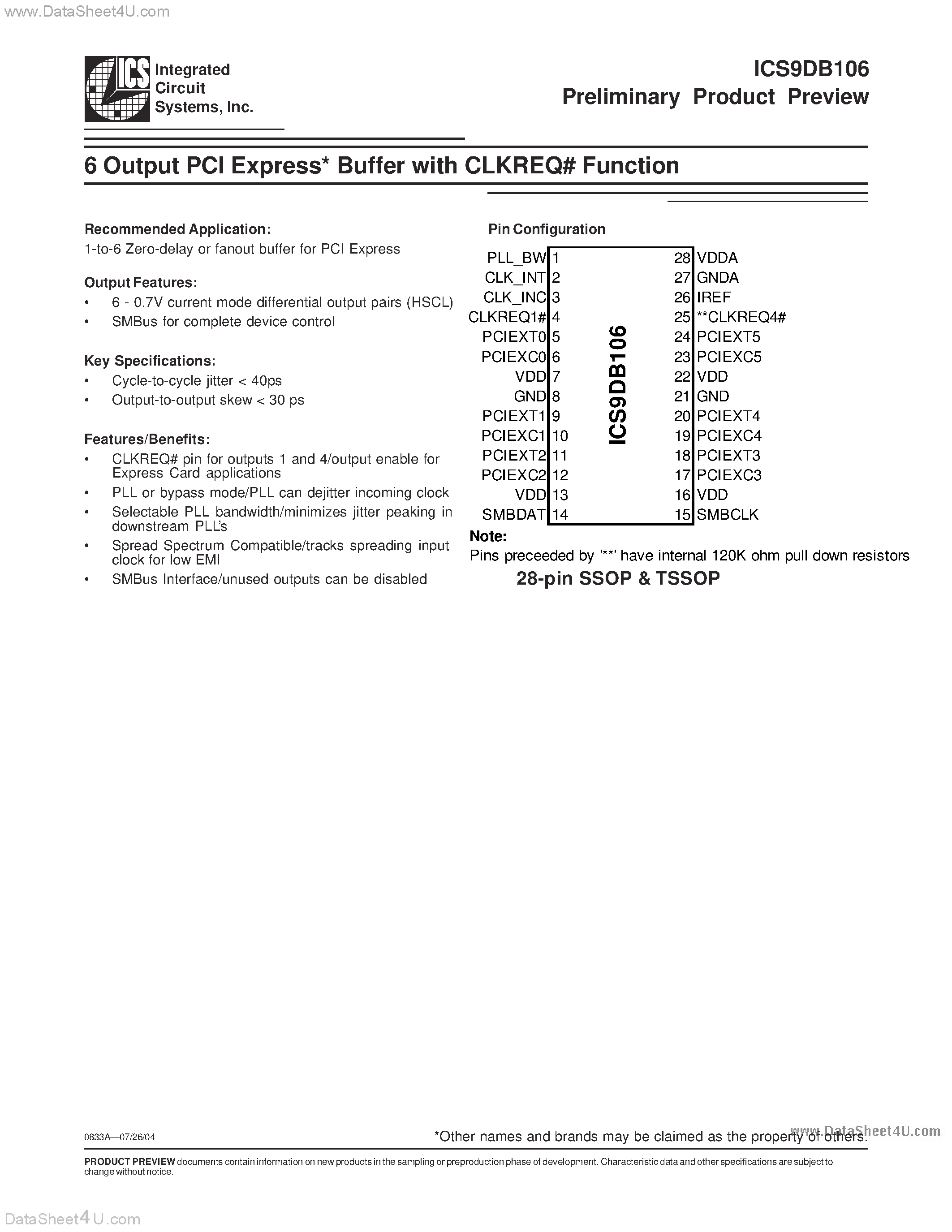 Datasheet ICS9DB106 - 6 Output PCI Express Buffer page 1