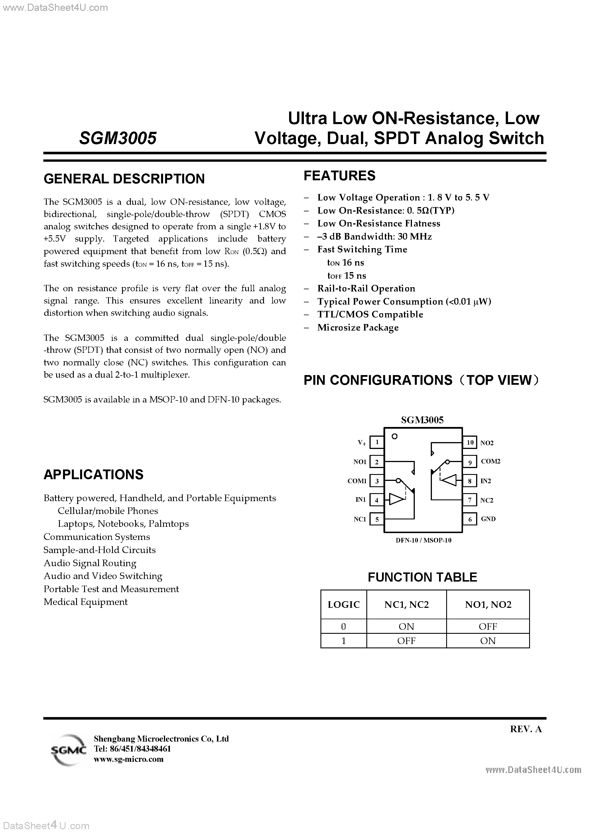 Datasheet SGM3005 page 1 Datasheet SGM3005 - SPDT Analog Switch page 1