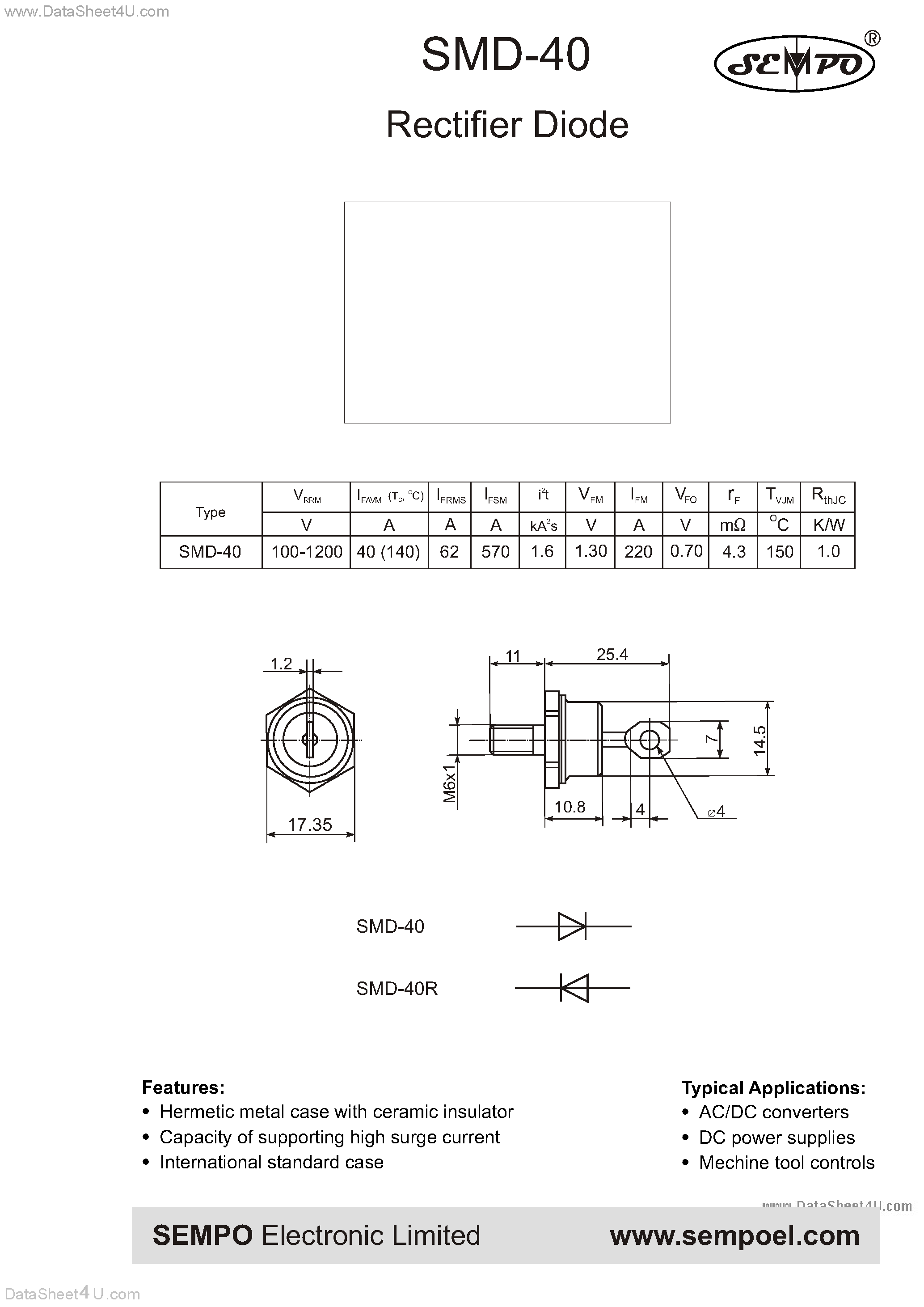 Datasheet SMD-40 page 1 Datasheet SMD-40 - RECTIFIER DIODE page 1