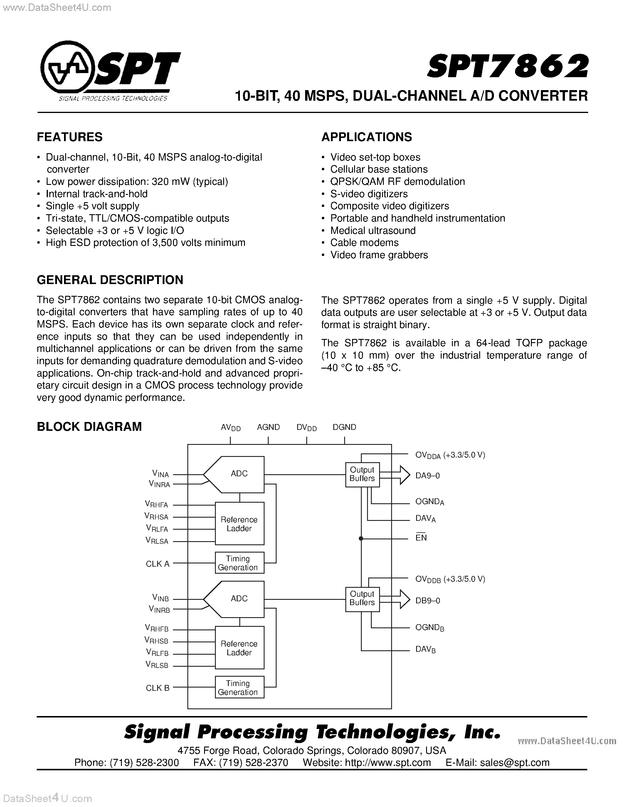 Даташит SPT7862 - DUAL-CHANNEL A/D CONVERTER страница 1