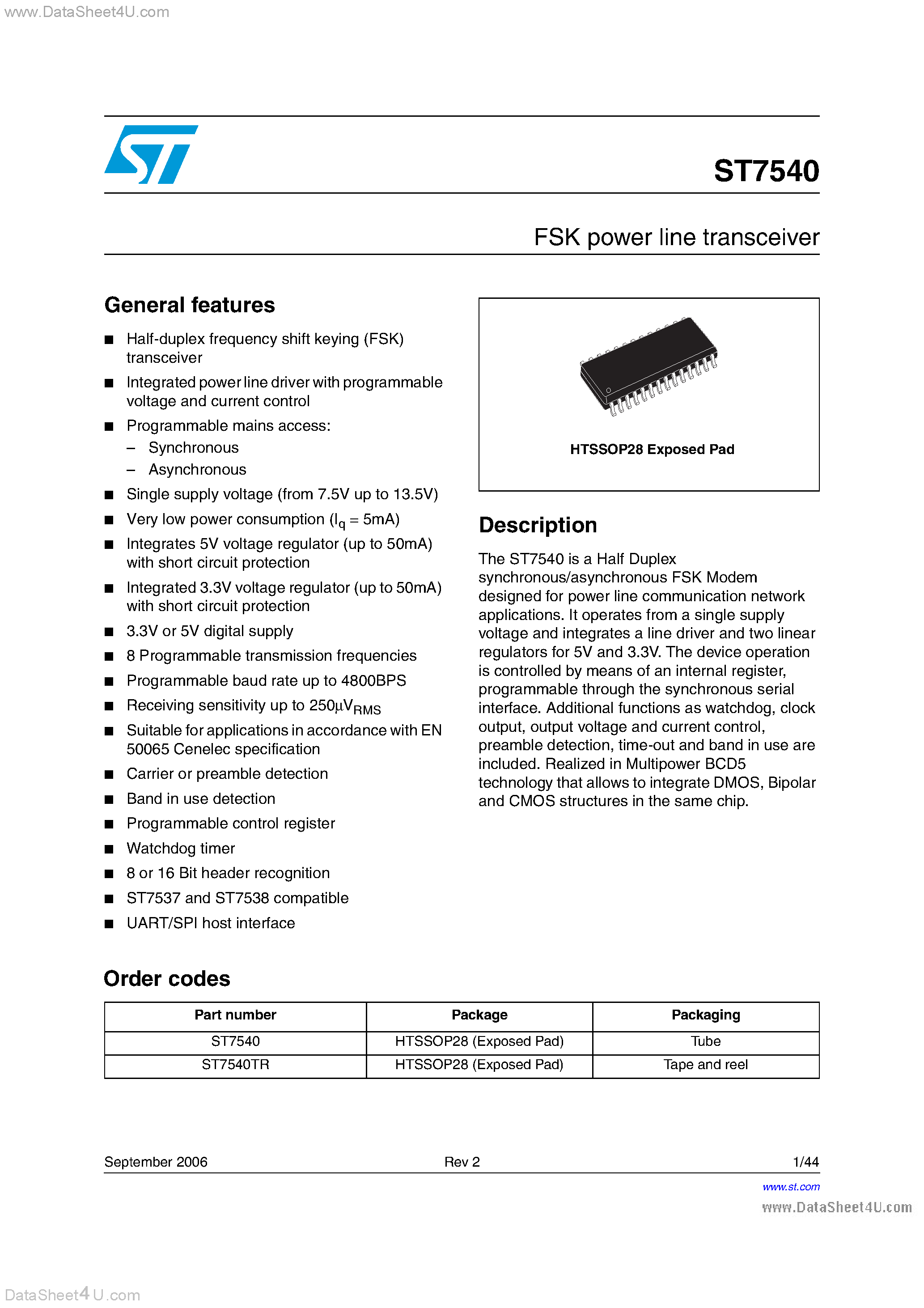 Datasheet ST7540 - FSK power line transceiver page 1