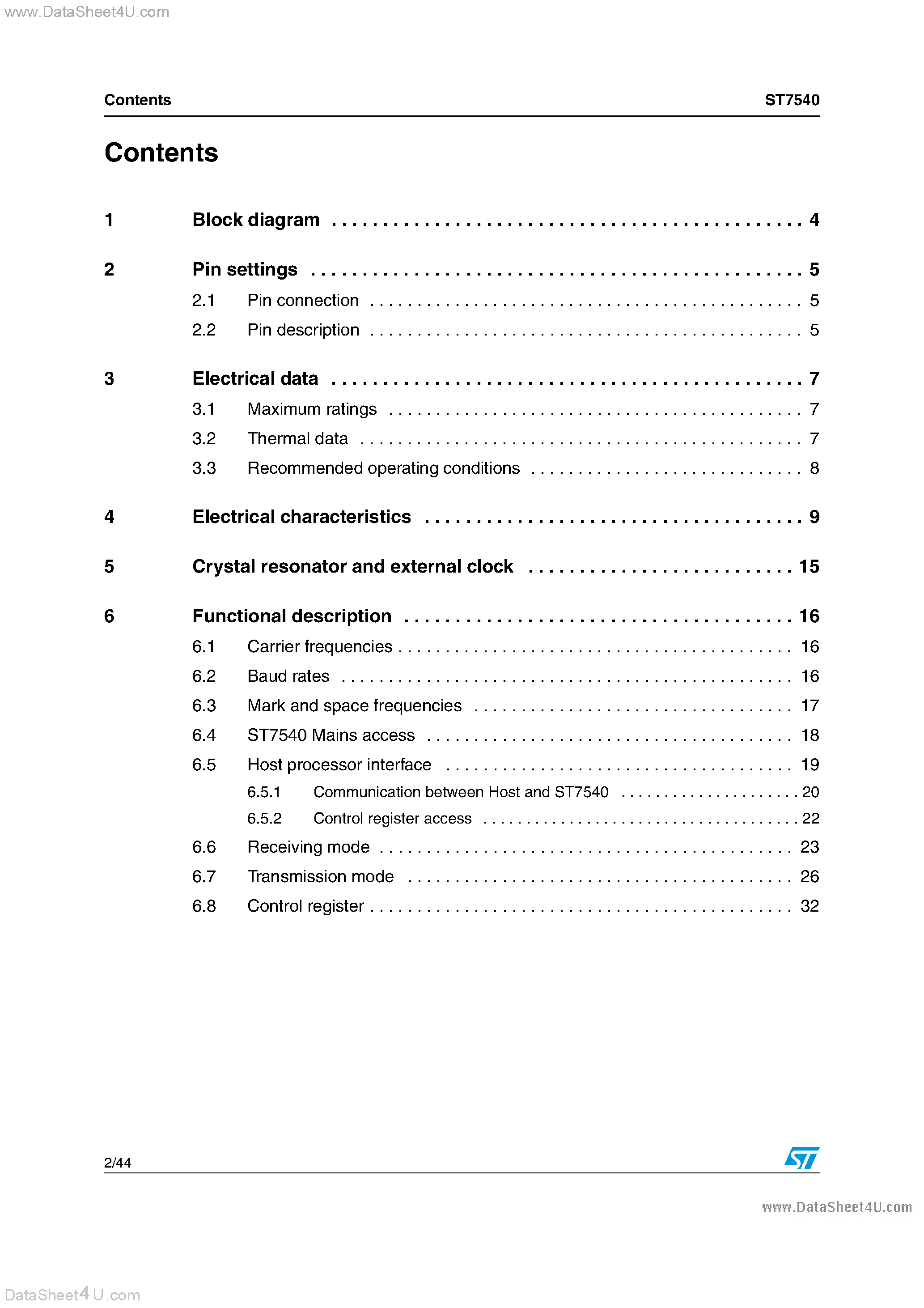 Datasheet ST7540 - FSK power line transceiver page 2