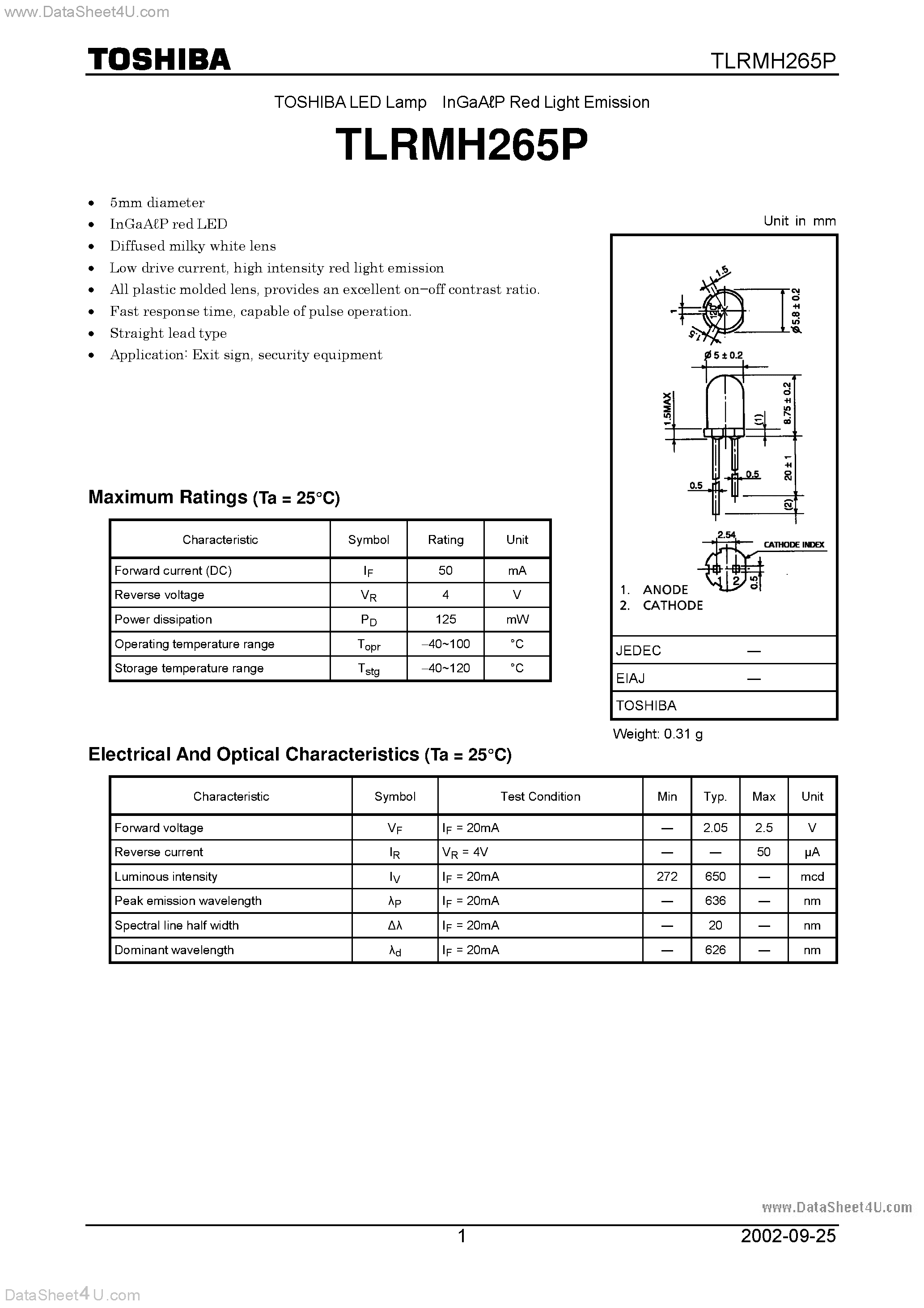 Datasheet TLRMH265P - TOSHIBA LED Lamp InGaA P Red Light Emission page 1
