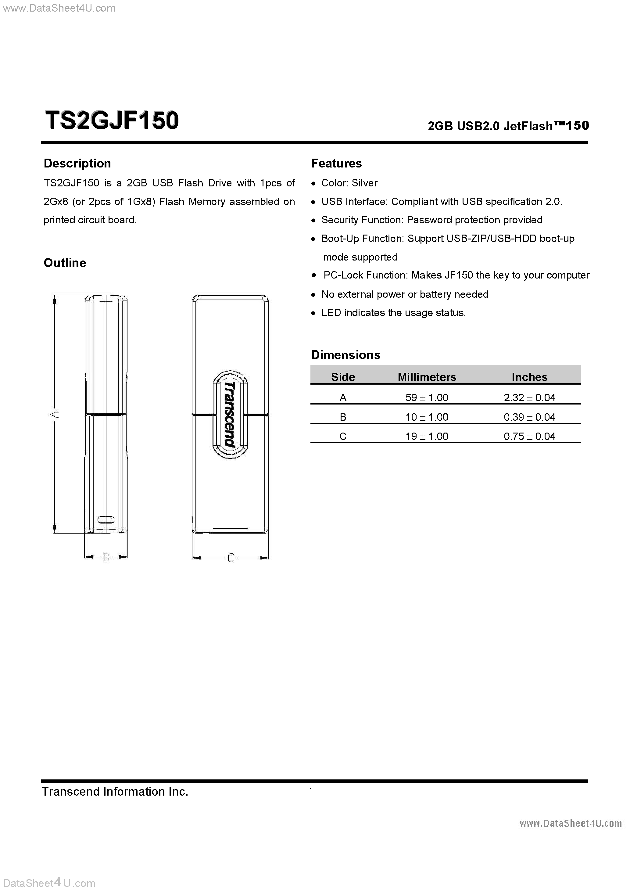 Даташит на микросхему TS2GJF150 страница 1 Даташит TS2GJF150 - 2GB USB2.0 JetFlash 150 страница 1