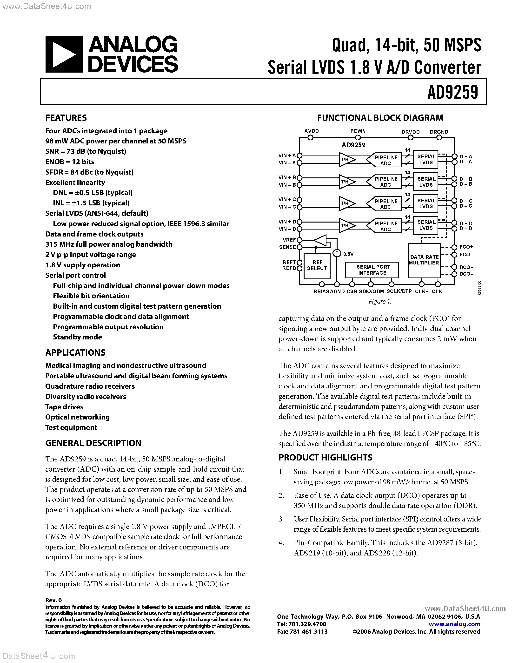 Datasheet AD9259 - 50 MSPS Serial LVDS 1.8 V A/D Converter page 1