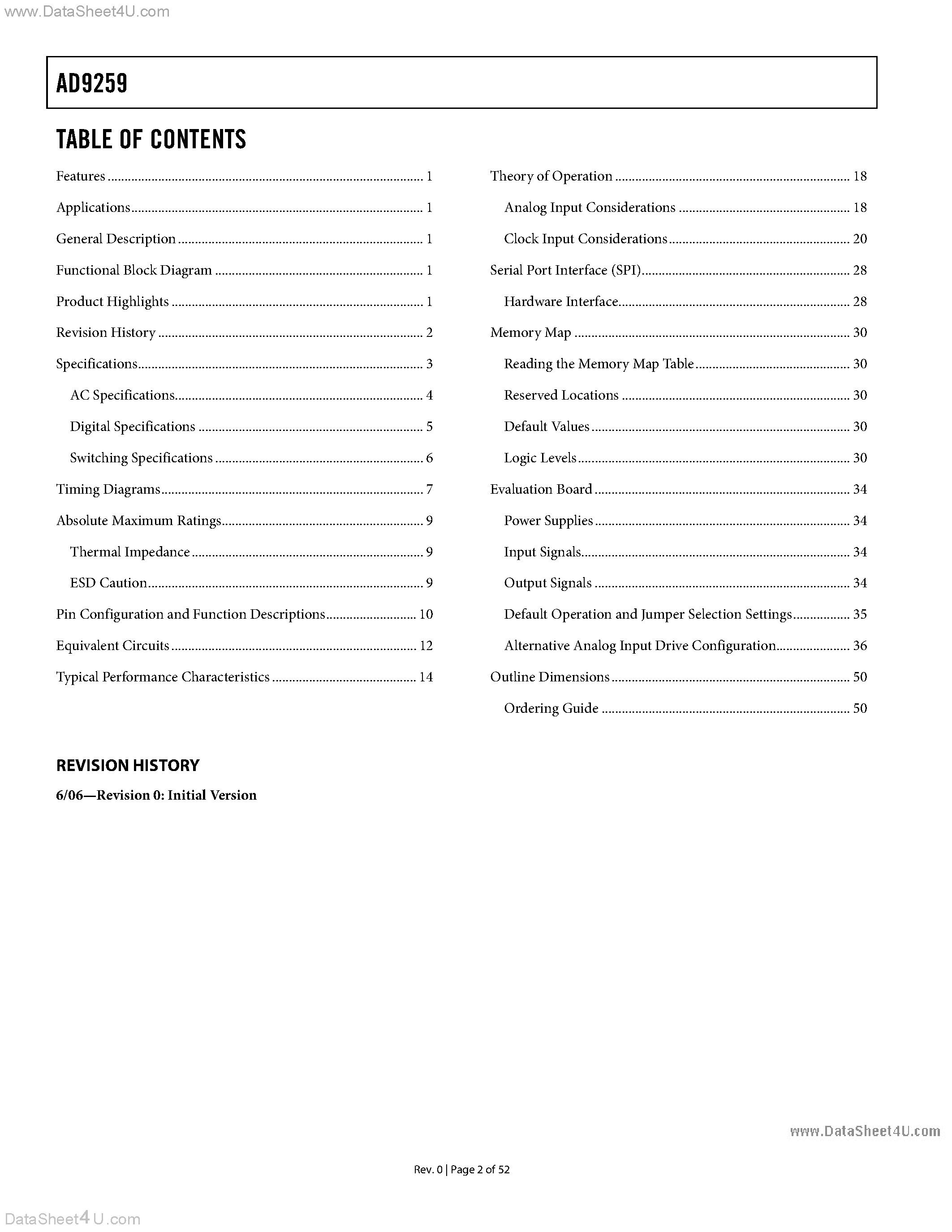 Datasheet AD9259 - 50 MSPS Serial LVDS 1.8 V A/D Converter page 2