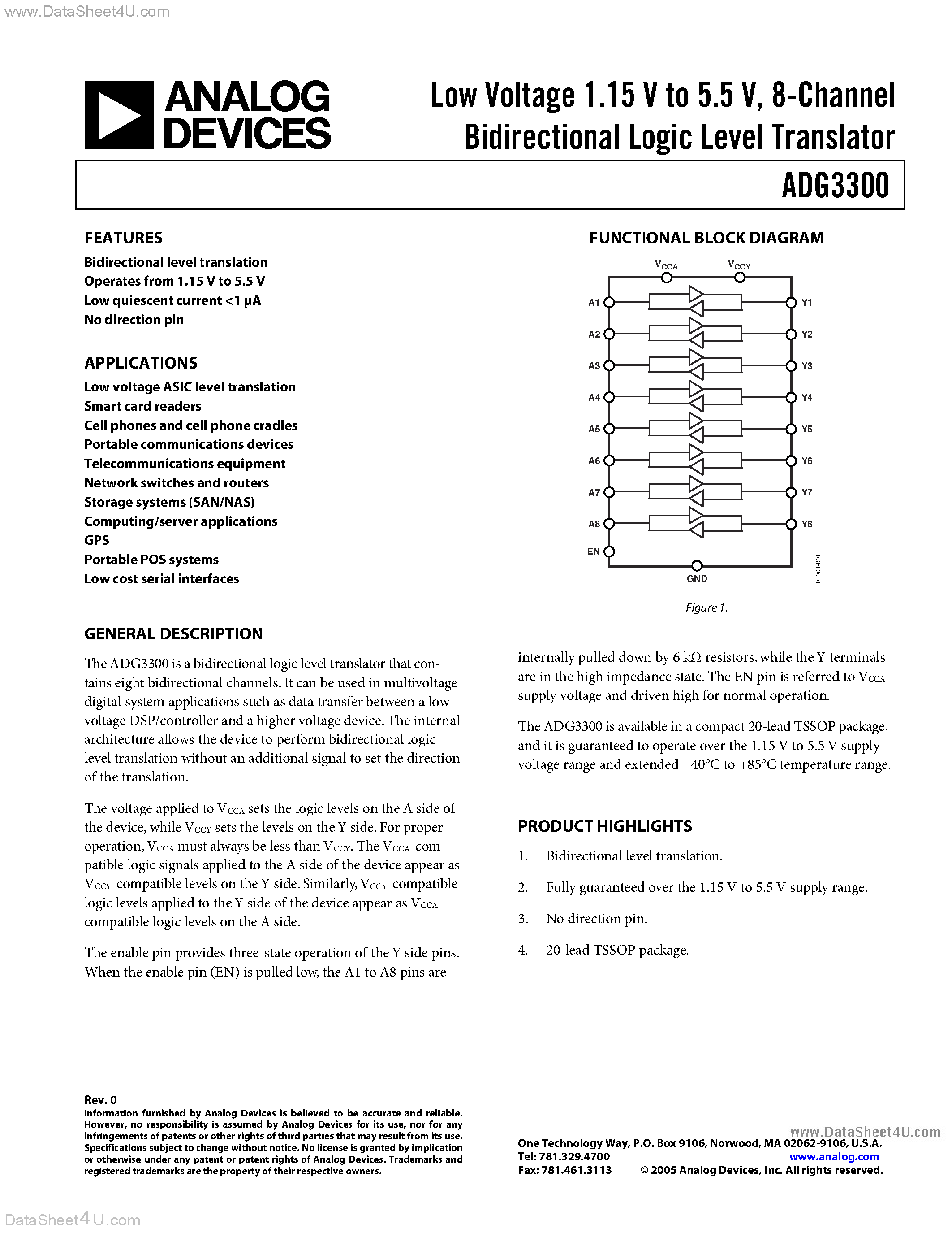 Даташит на микросхему ADG3300 страница 1 Даташит ADG3300 - 8-Channel Bidirectional Logic Level Translator страница 1